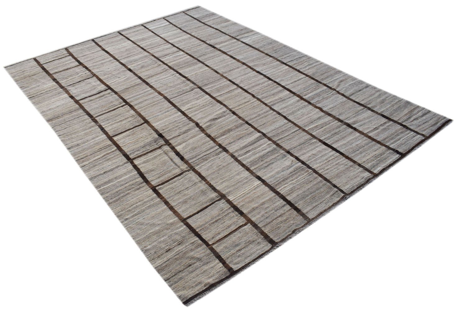 Afghan Maimana Kilim with a striped grid pattern in neutral tones.