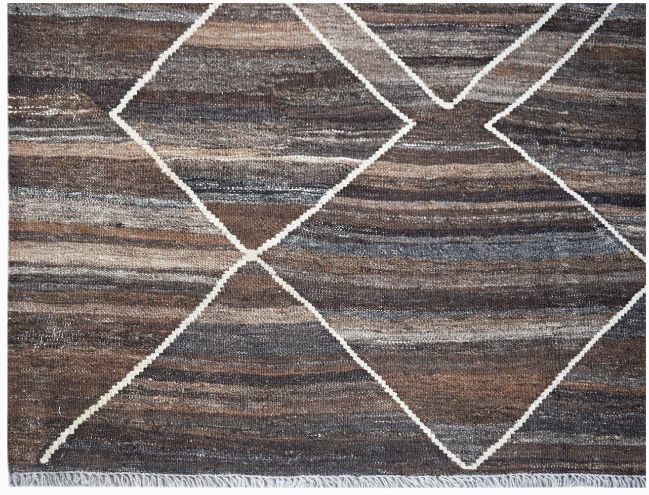 Handwoven Afghan Maimana kilim featuring a brown and grey striped pattern with white geometric lines.