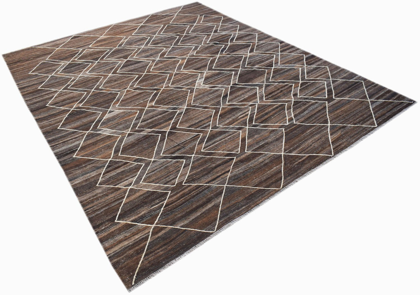 Afghan Maimana Kilim with a geometric diamond pattern in brown and white.