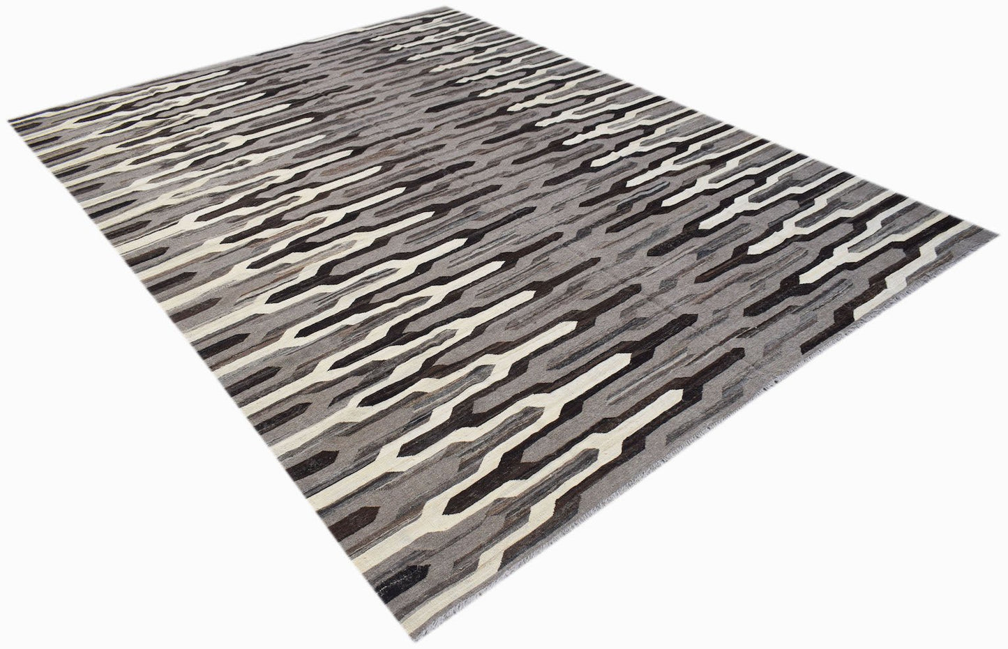 Handmade Afghan Maimana Kilim with a geometric pattern in shades of gray, black, and white.