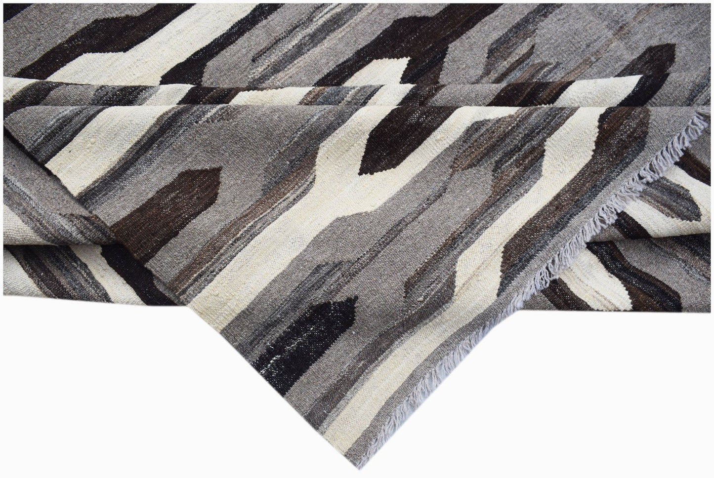 Afghan Maimana Kilim with a geometric pattern in shades of gray, brown, and cream.