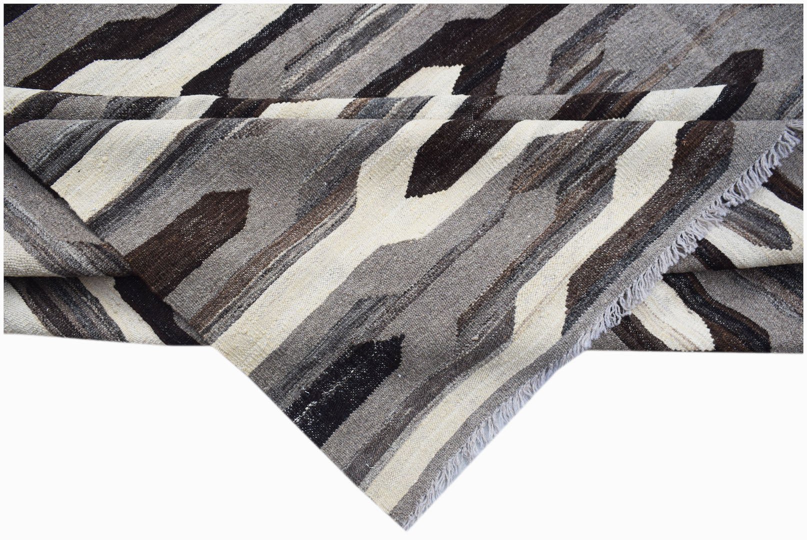 Afghan Maimana Kilim with a geometric pattern in shades of gray, brown, and cream.