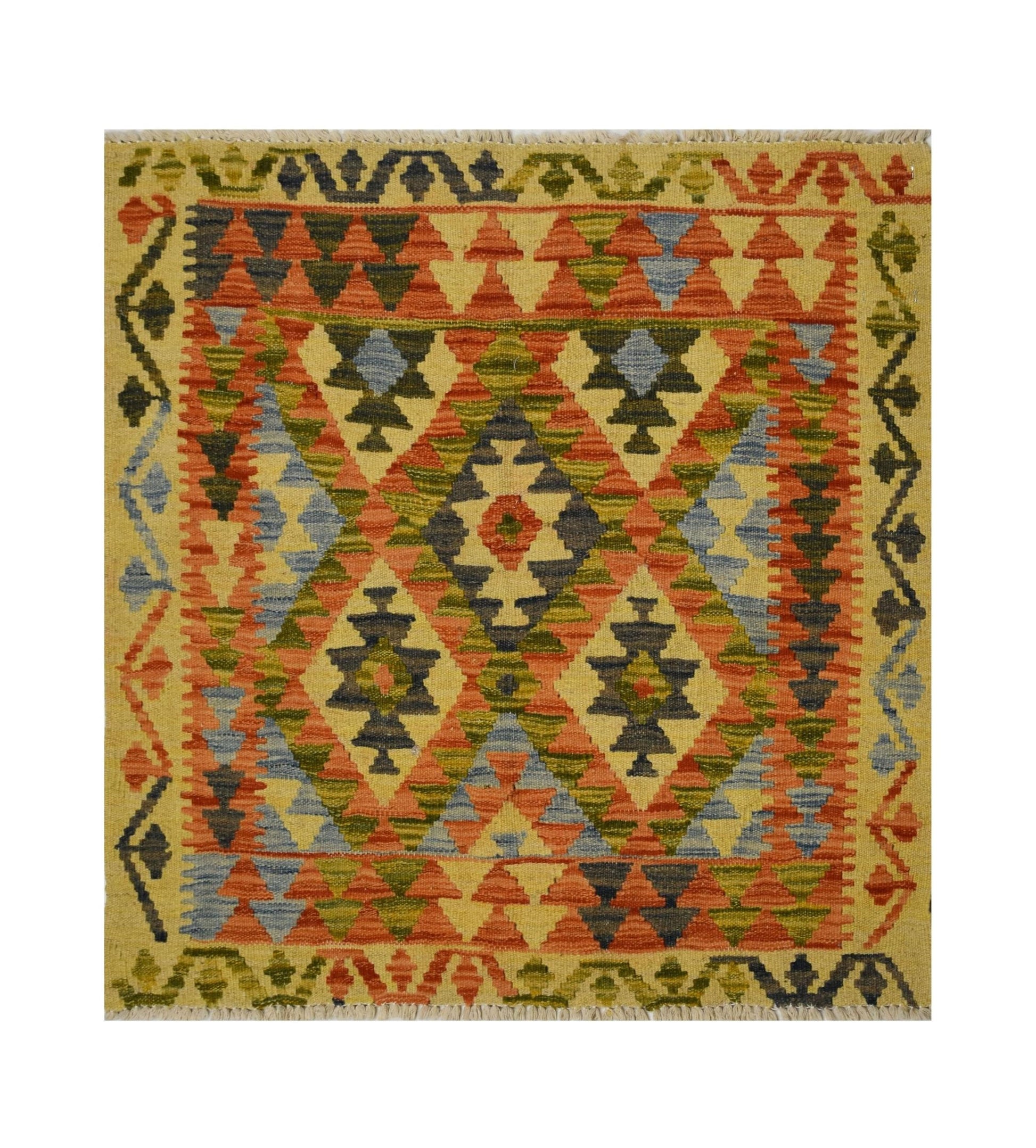 Handmade Afghan Maimana kilim rug featuring a geometric diamond pattern in warm, earthy tones.