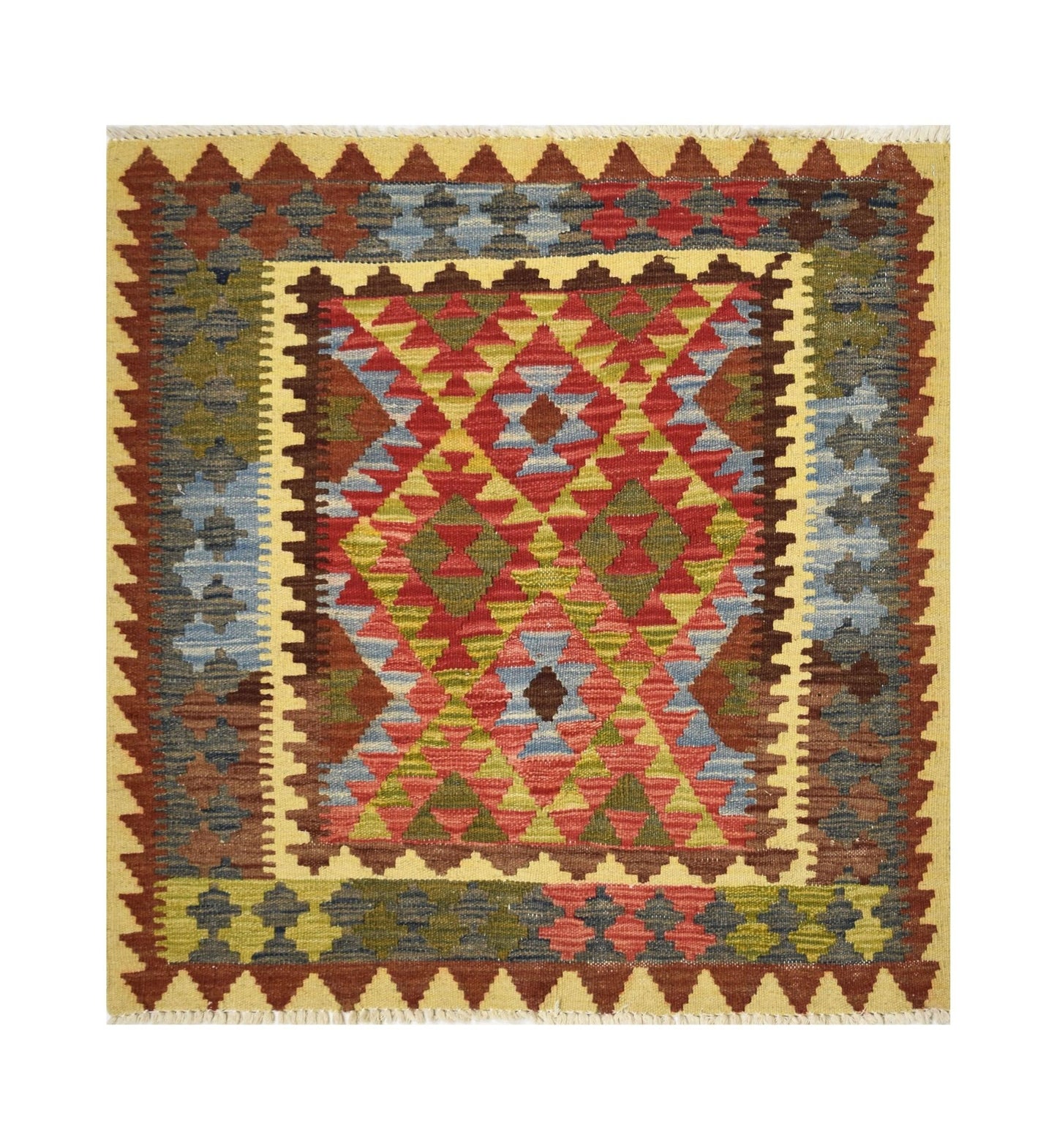A square Afghan Maimana kilim rug featuring a colorful geometric diamond pattern.