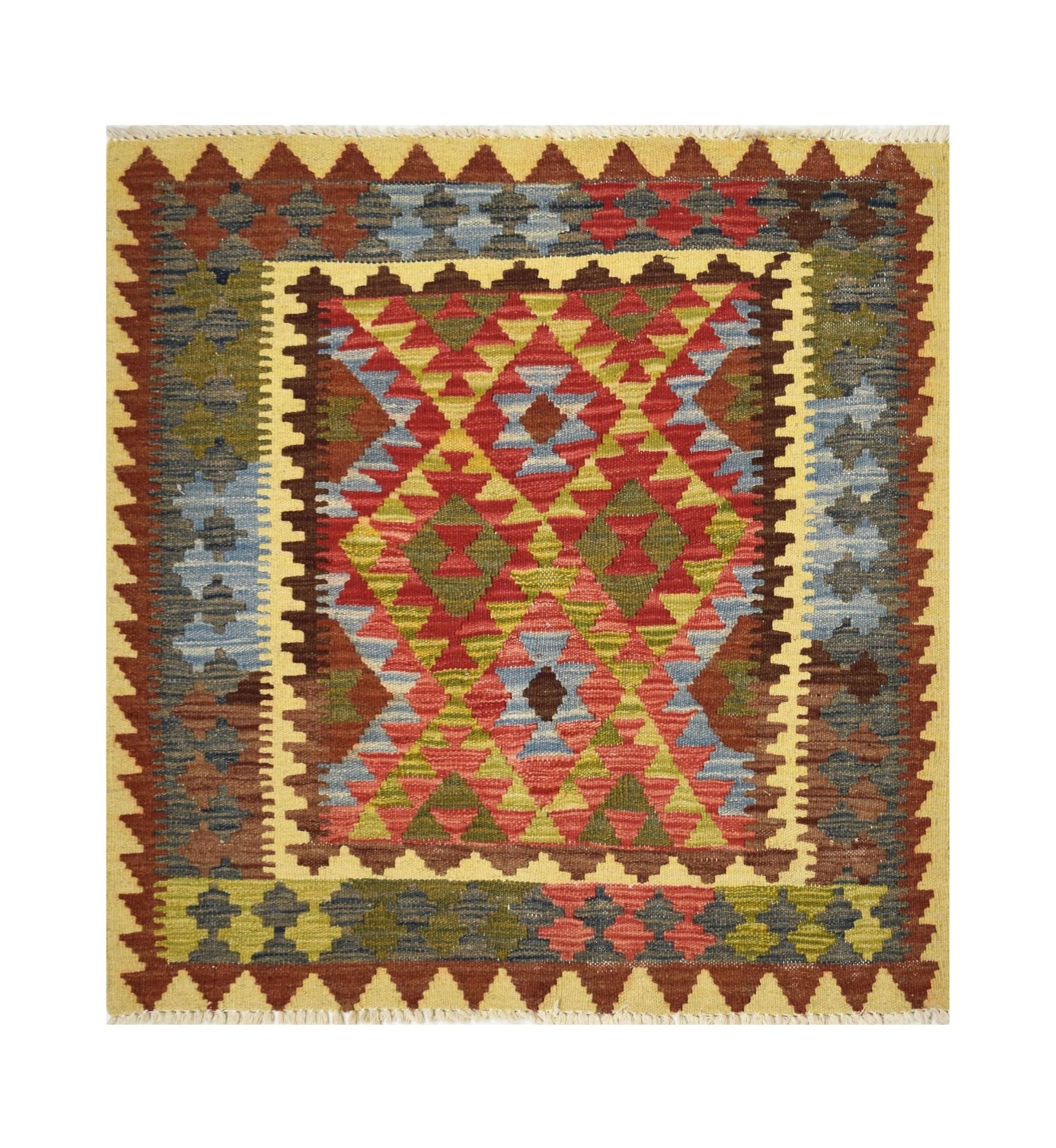 A square Afghan Maimana kilim rug featuring a colorful geometric diamond pattern.