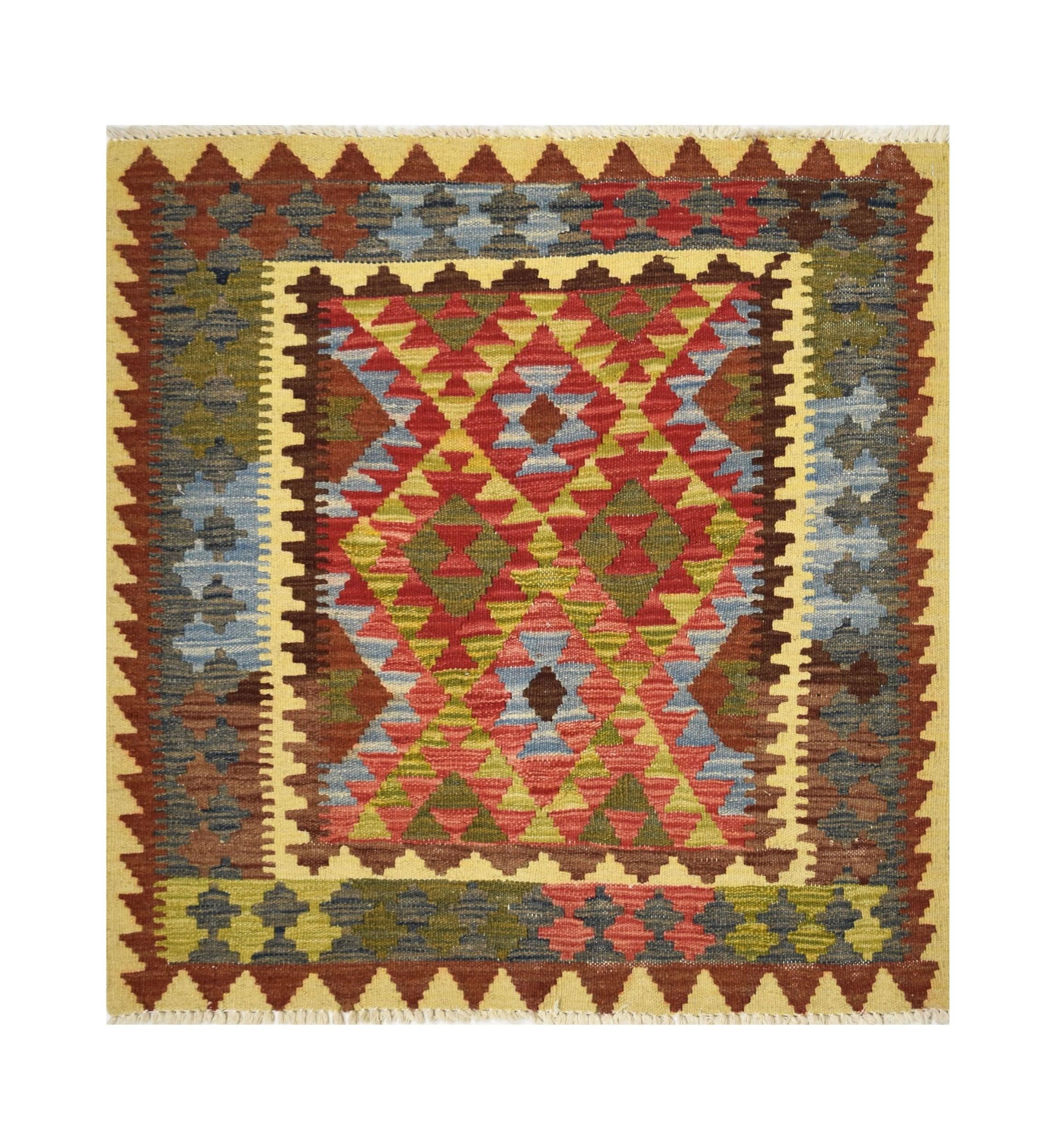 A square Afghan Maimana kilim rug featuring a colorful geometric diamond pattern.