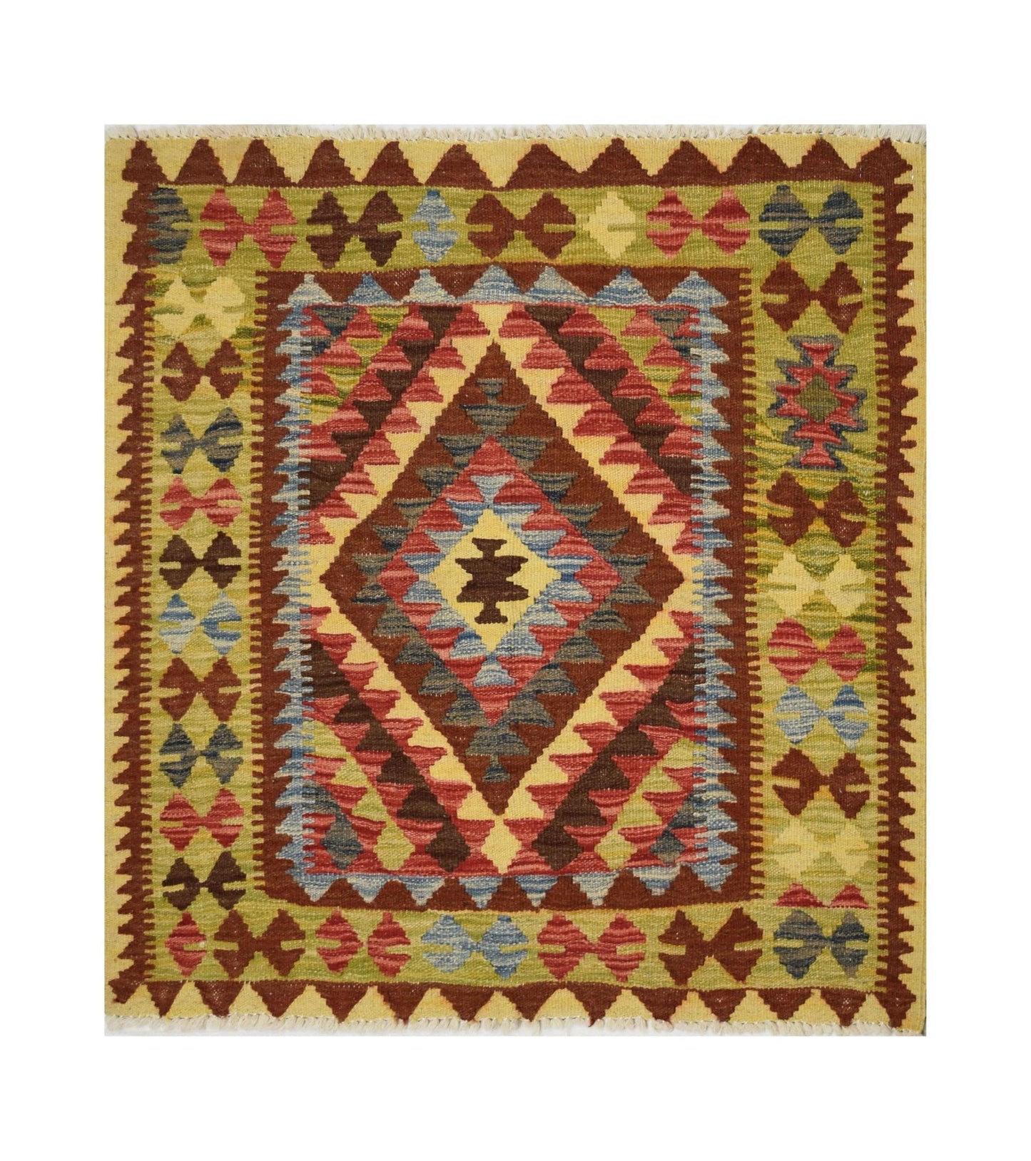 Handmade Afghan Maimana kilim rug featuring a central diamond motif in geometric patterns.