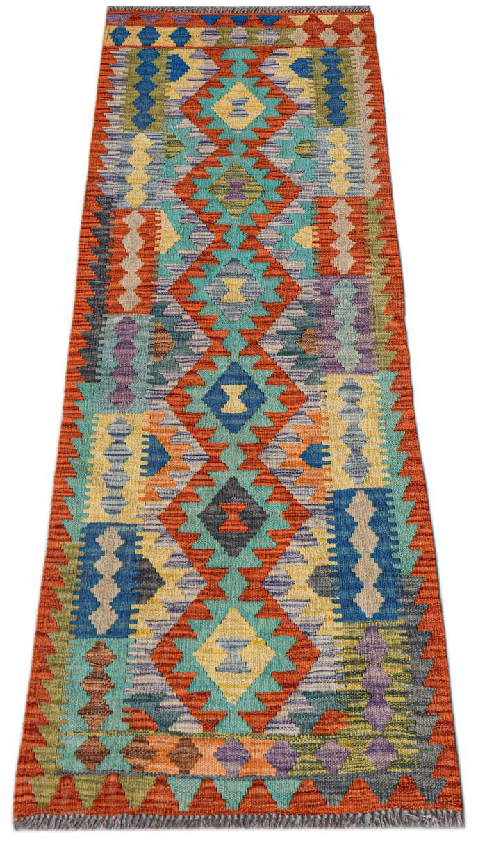 Afghan Maimana Kilim runner with geometric patterns in vibrant colors.
