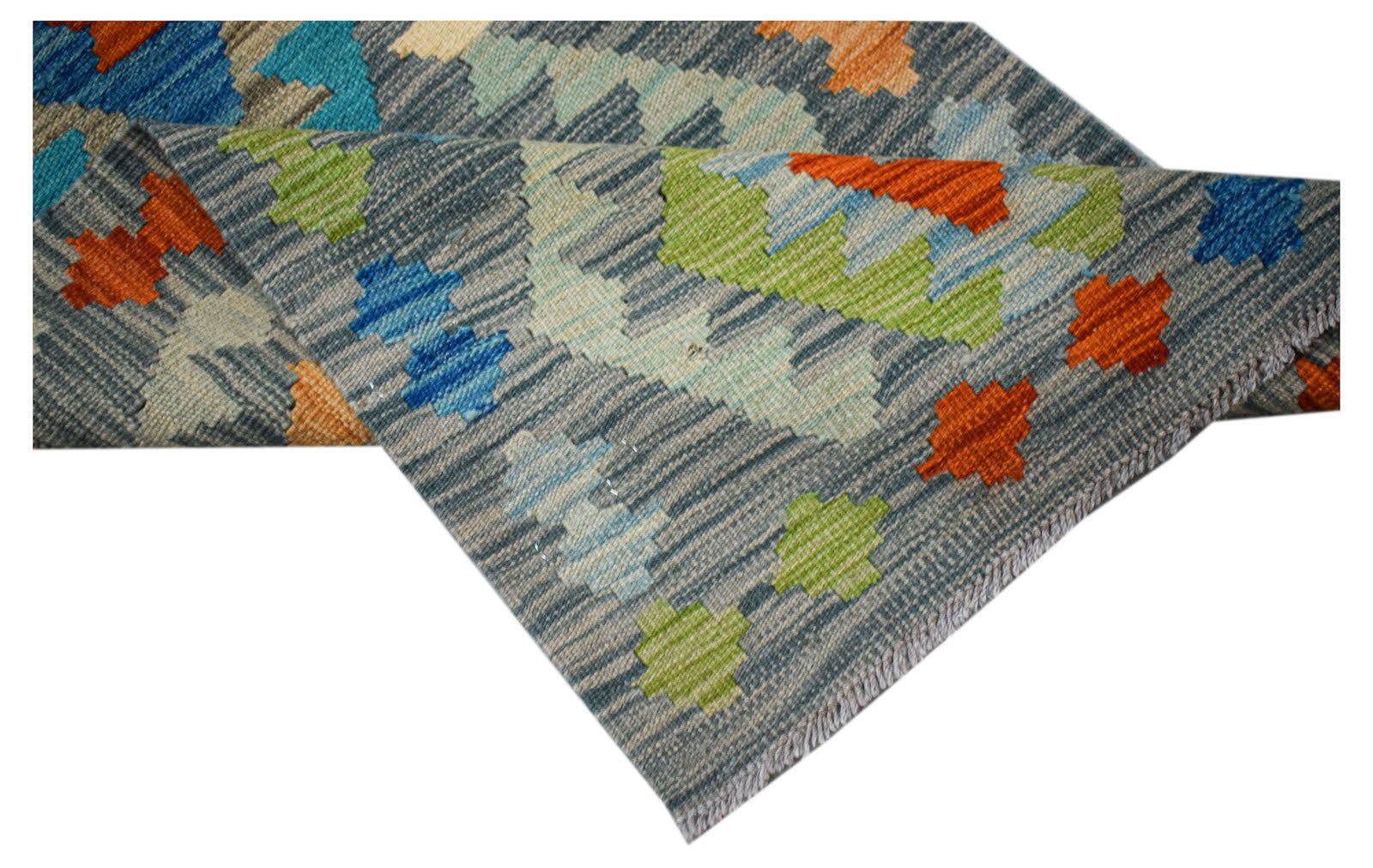 Handwoven Afghan Maimana wool runner featuring a geometric pattern in blue, orange, and green.