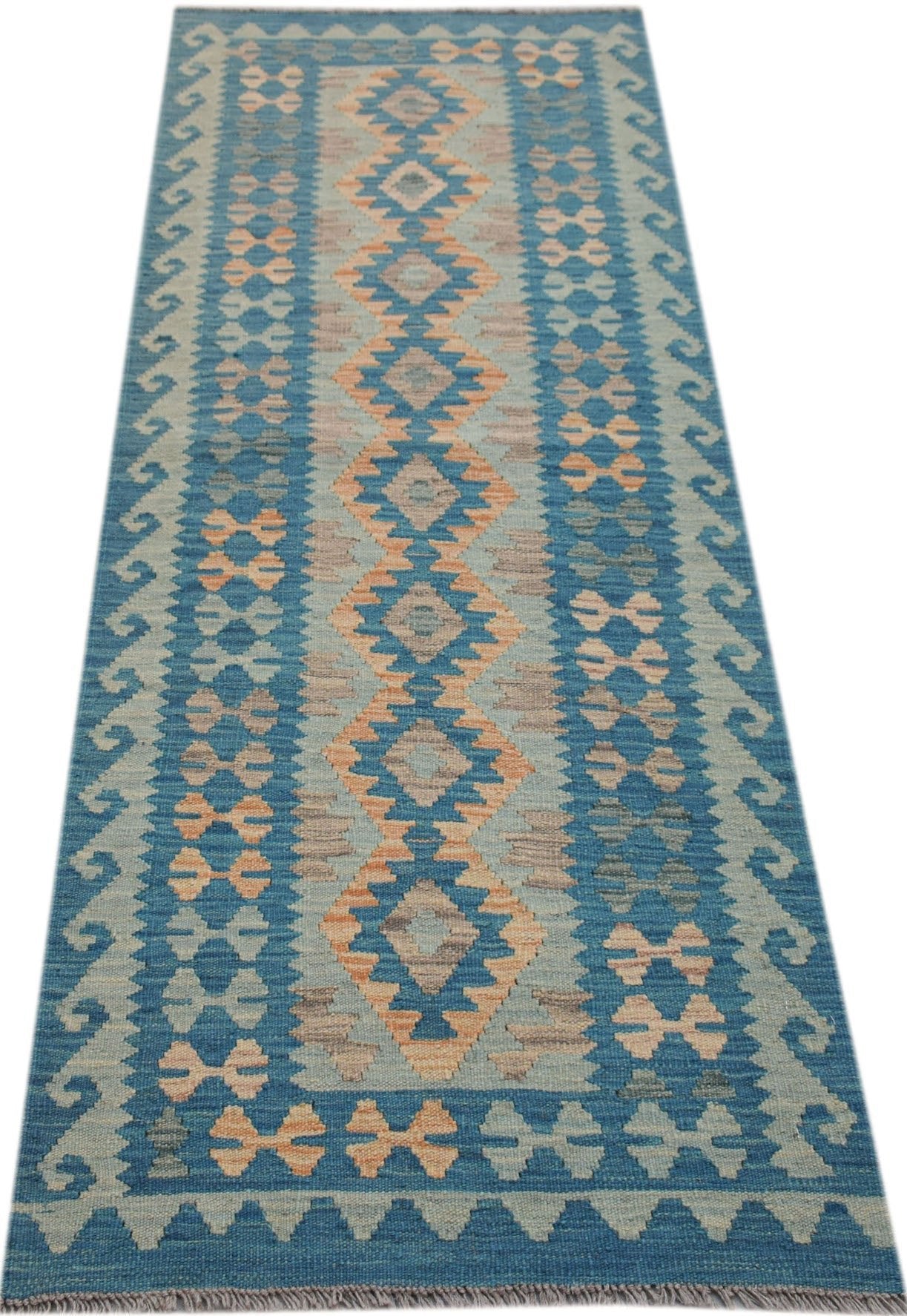 Handwoven Afghan Maimana wool runner featuring a blue and peach geometric diamond pattern.