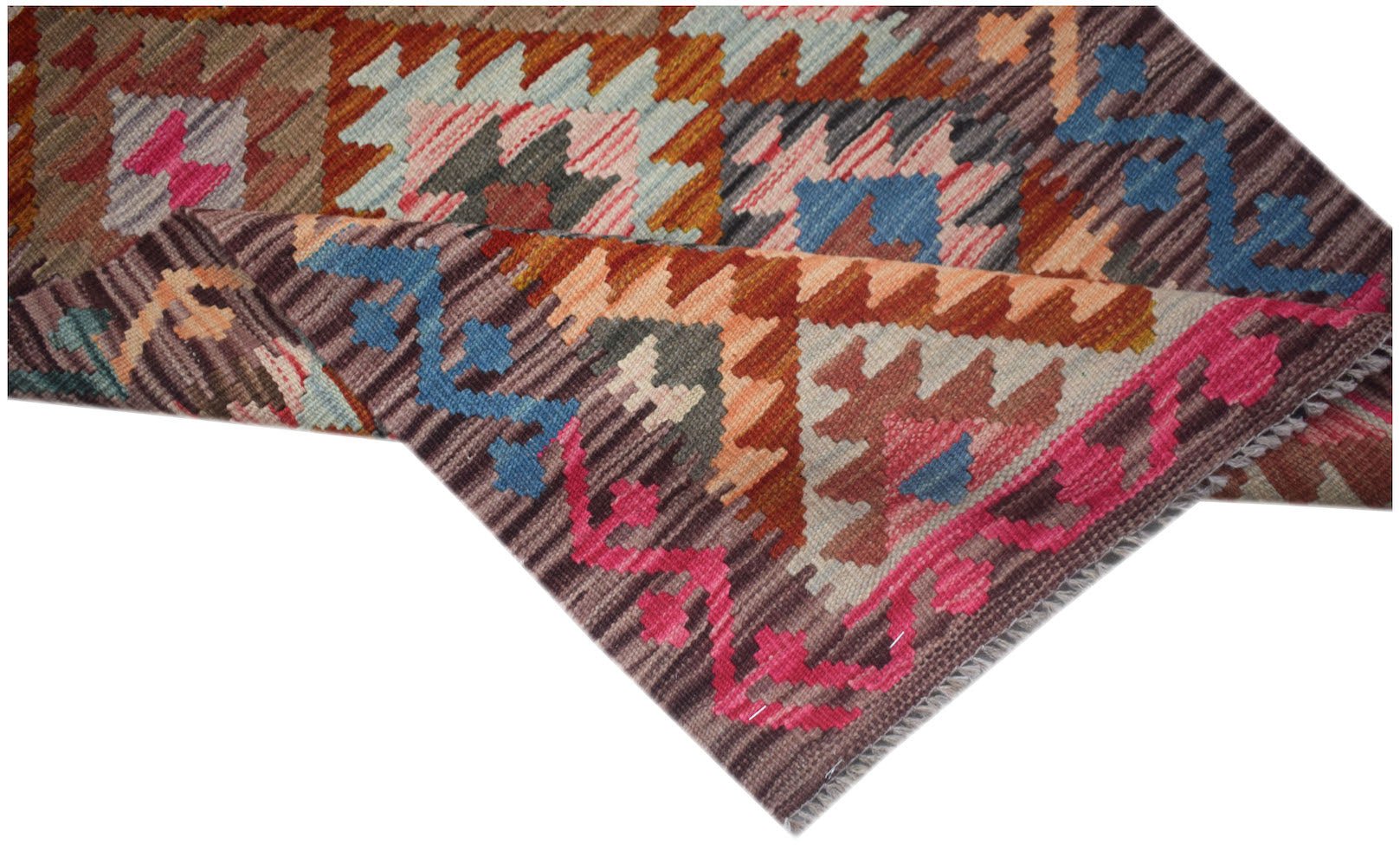 Handwoven Afghan Maimana kilim runner featuring a geometric pattern in vibrant wool colors.