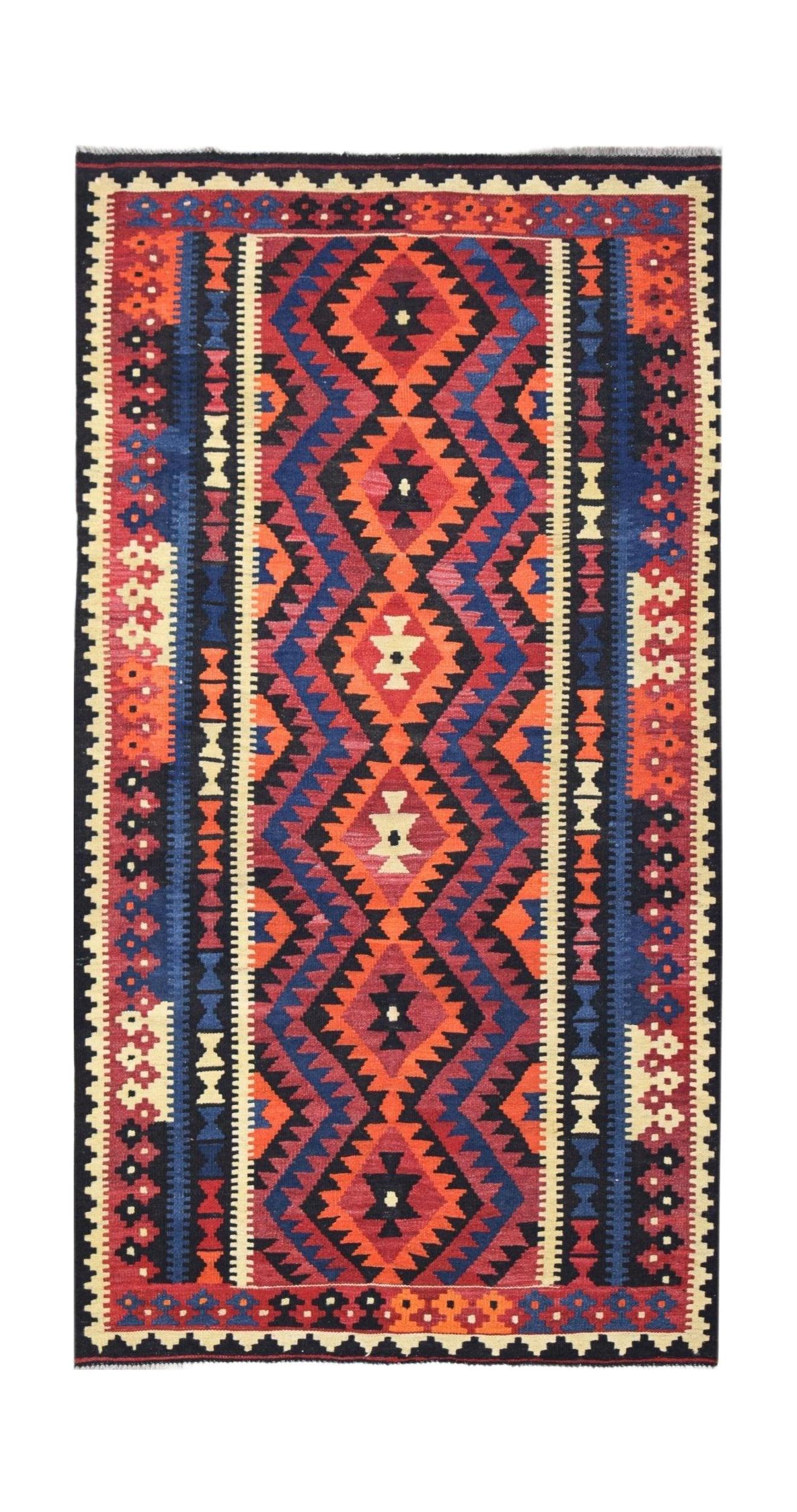 Handwoven Afghan Maimana wool runner featuring a geometric diamond pattern in red and blue.