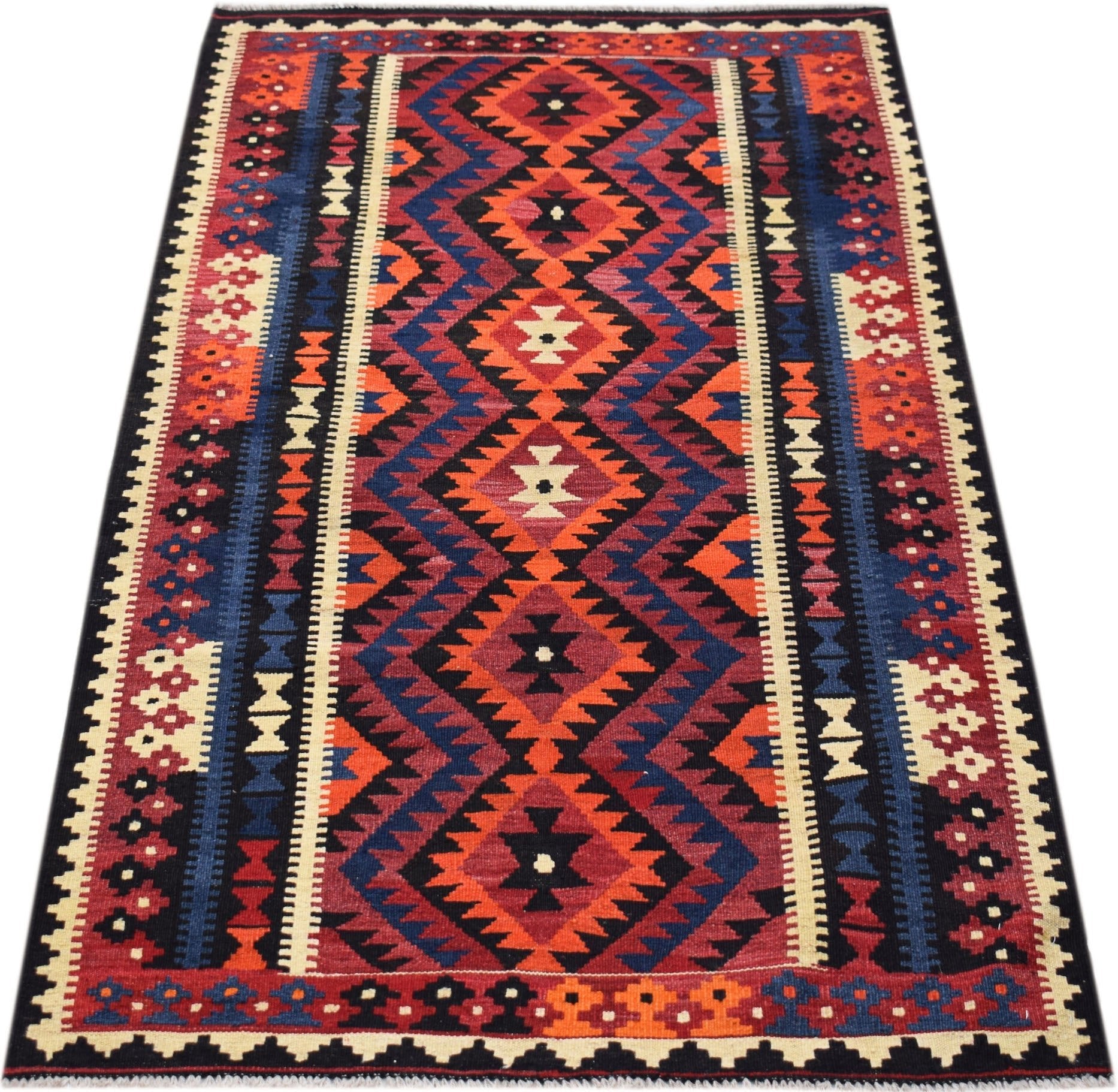 Handwoven Afghan Maimana wool runner rug featuring a geometric diamond pattern in vibrant colors.