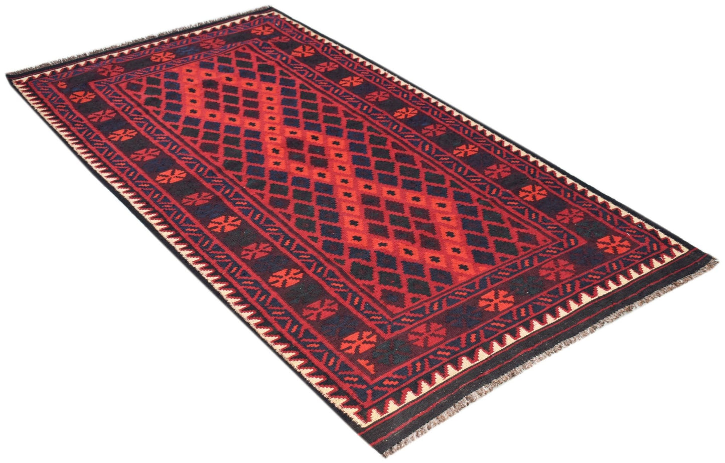 Handwoven Afghan Maimana wool runner featuring a geometric diamond pattern in red and dark blue.