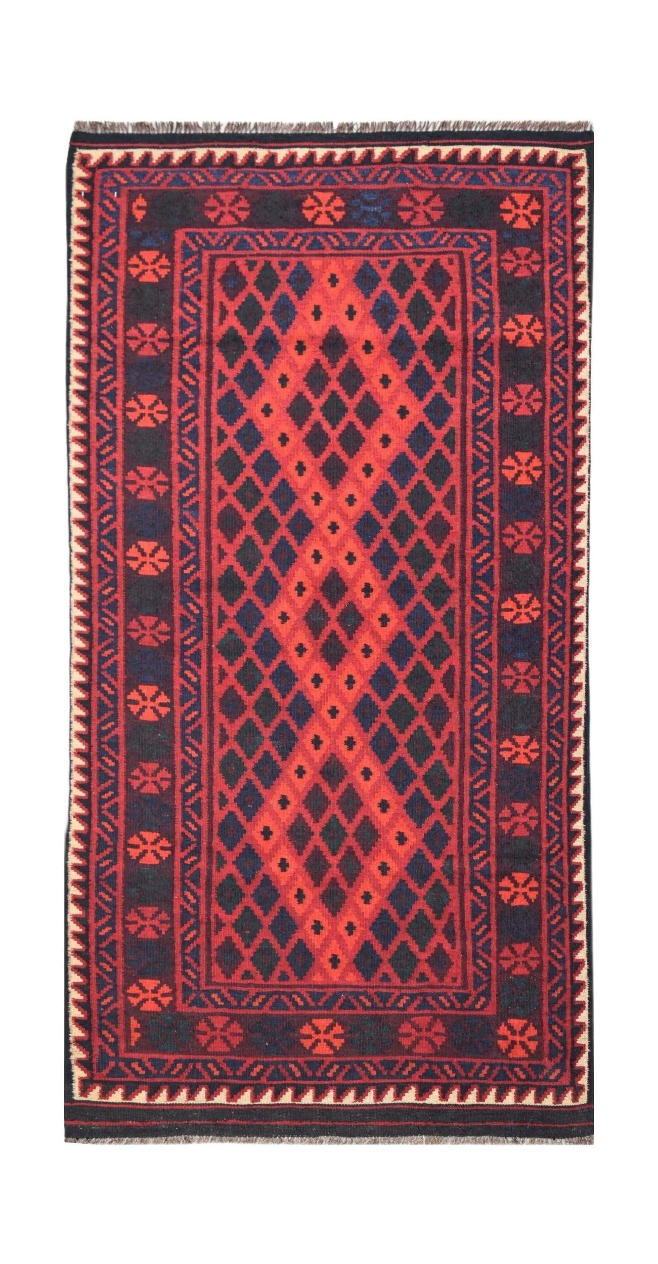 Handwoven Afghan Maimana wool runner featuring a red and black geometric diamond pattern.