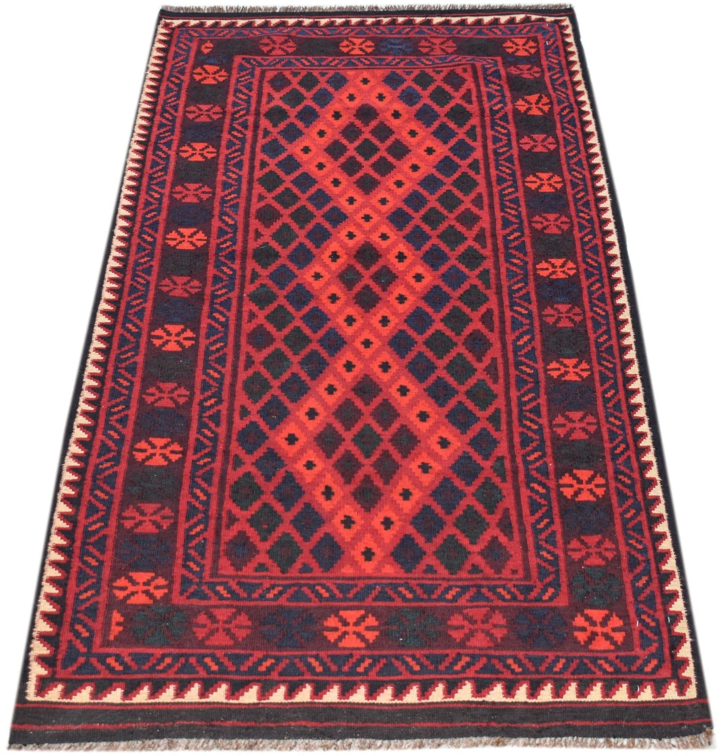 Handwoven Afghan Maimana wool runner featuring a red and black geometric diamond pattern.
