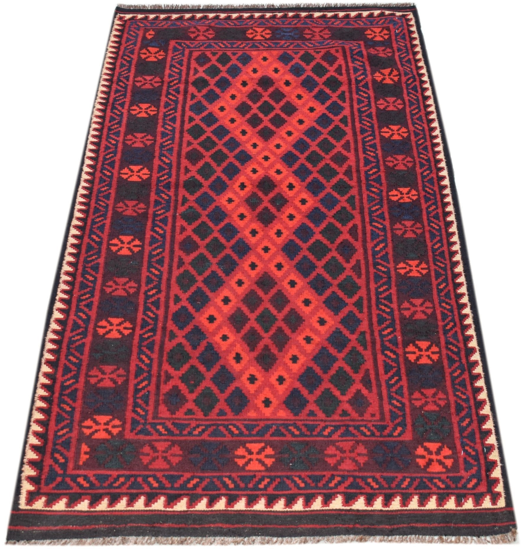 Handwoven Afghan Maimana wool runner featuring a red and black geometric diamond pattern.