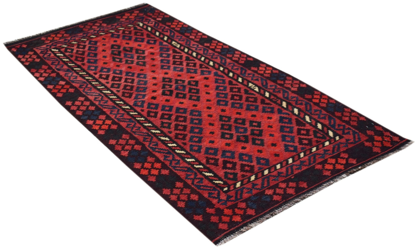 Handwoven Afghan Maimana wool runner rug featuring a geometric pattern in red and dark blue.