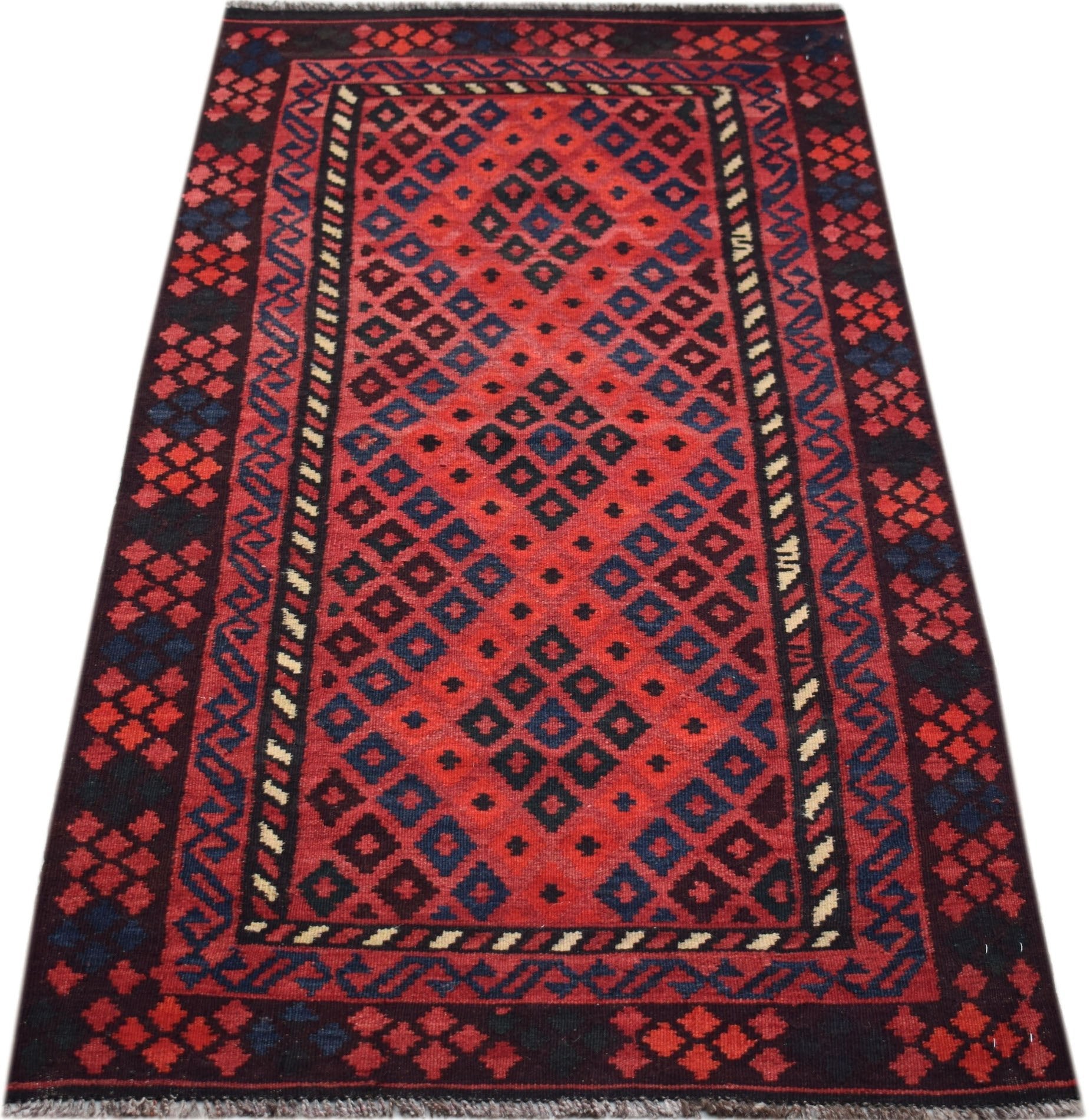 Handwoven Afghan Maimana wool runner featuring a red field with geometric diamond patterns.
