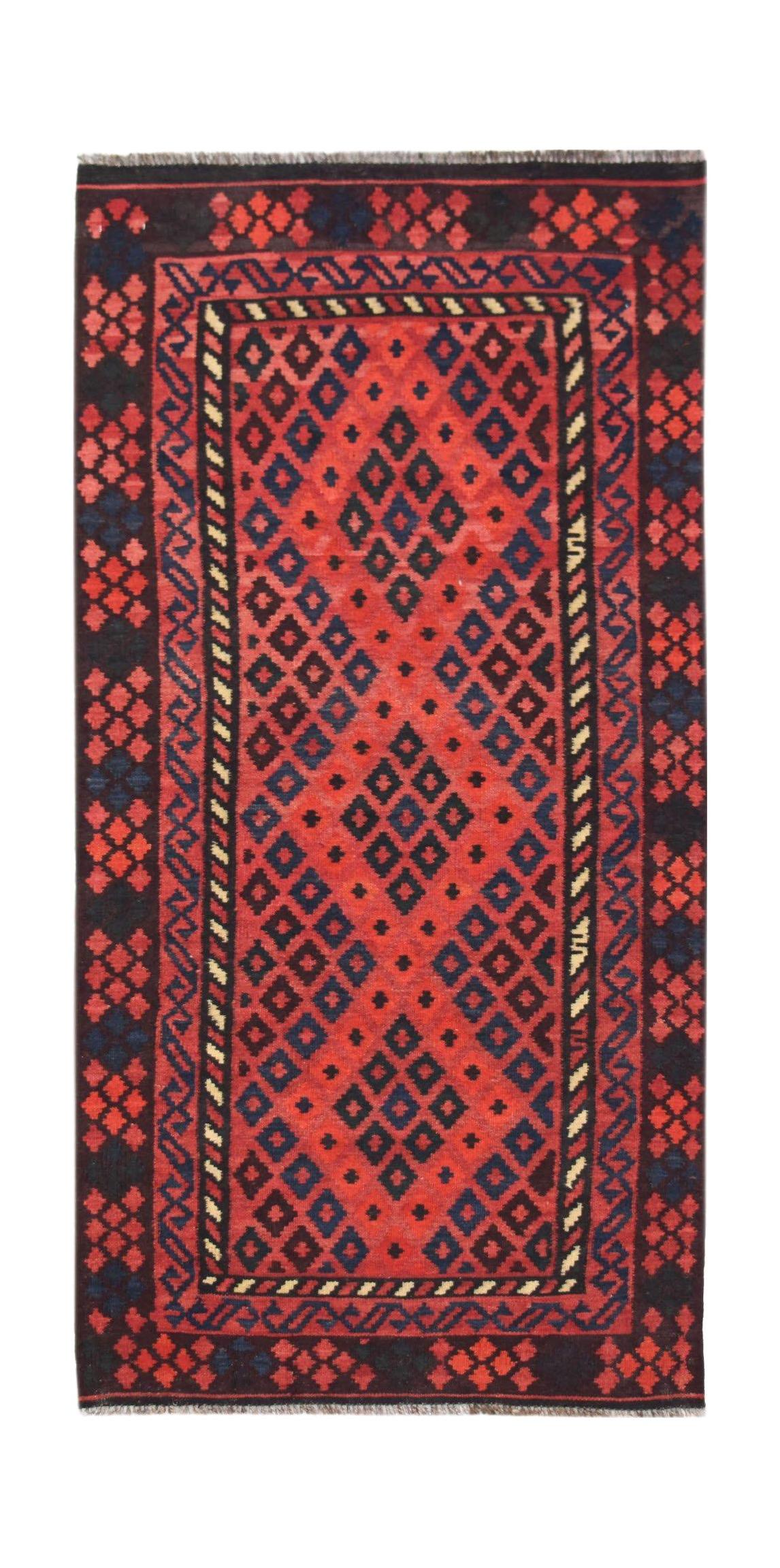 Handwoven Afghan Maimana wool runner featuring a geometric diamond pattern in red and dark blue.