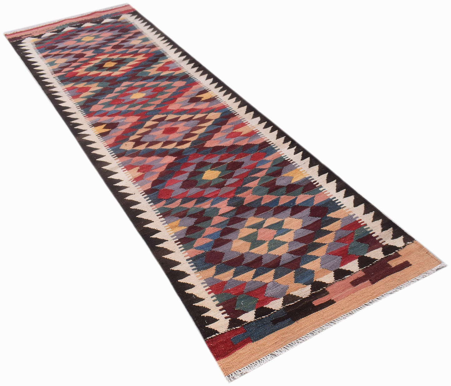 Handwoven Afghan Maimana wool runner rug featuring a colorful geometric diamond pattern.