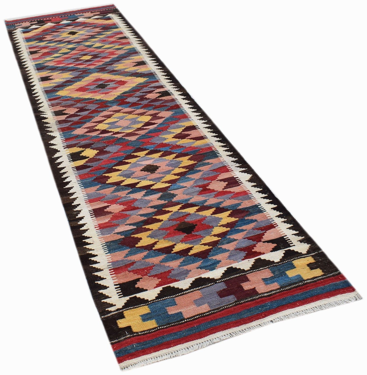 Handwoven Afghan Maimana wool runner rug featuring a colorful geometric diamond pattern.