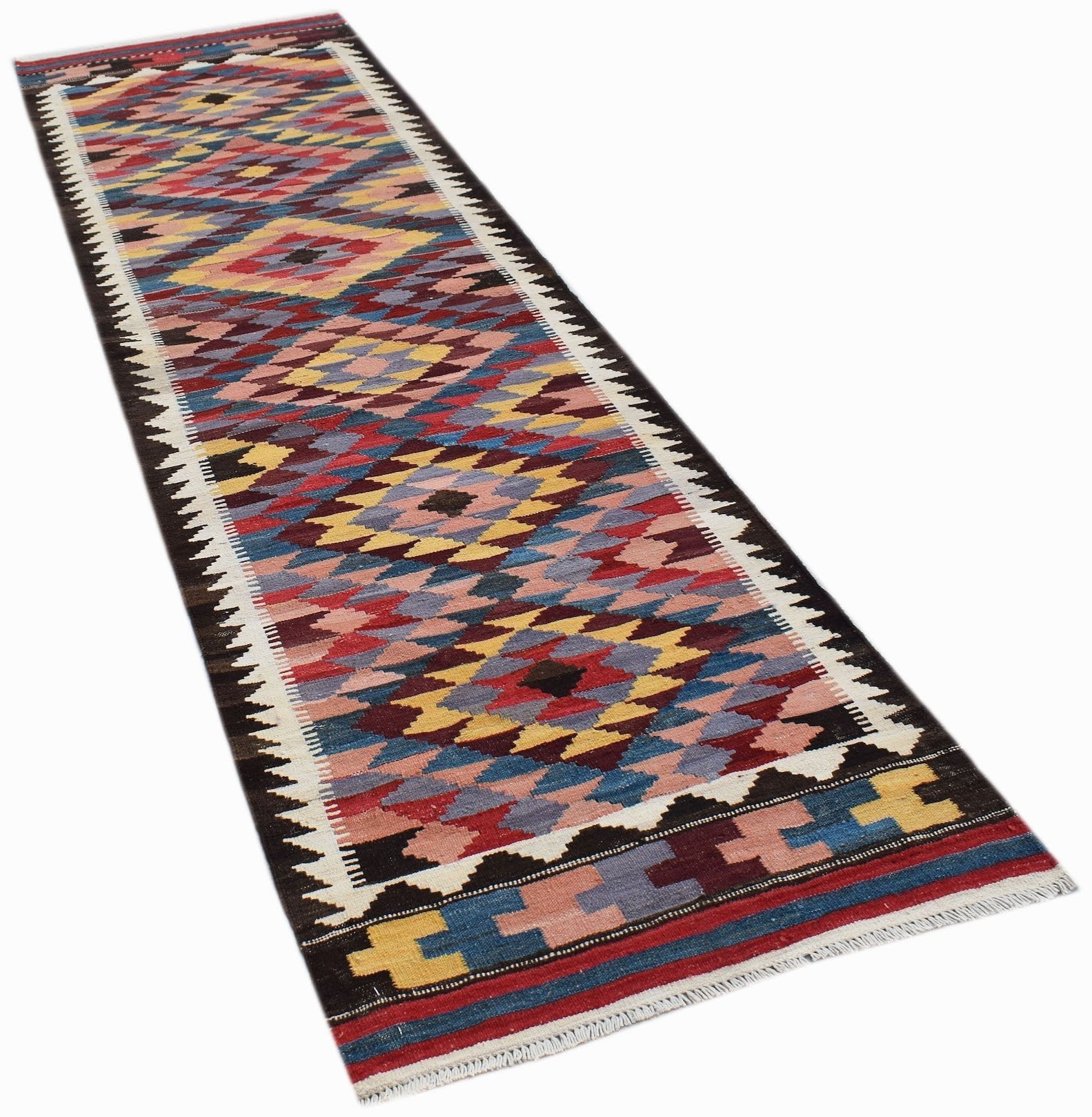 Handwoven Afghan Maimana wool runner rug featuring a colorful geometric diamond pattern.