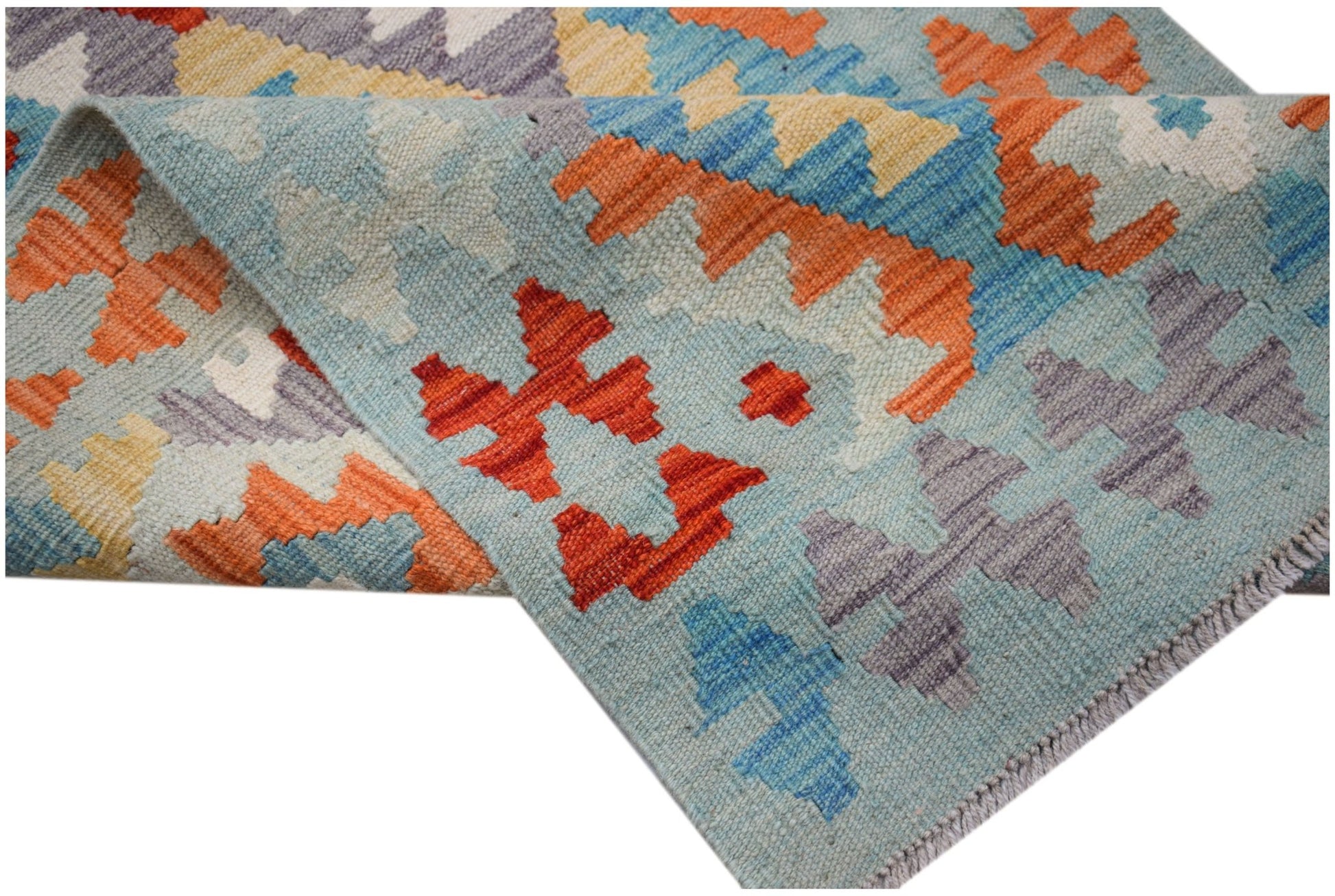 Handwoven Afghan Maimana Kilim runner featuring a geometric pattern in blue, orange, and grey.