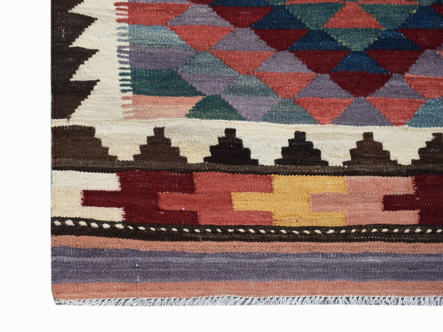 Handwoven Afghan Maimana wool kilim runner featuring a geometric pattern in earthy tones.