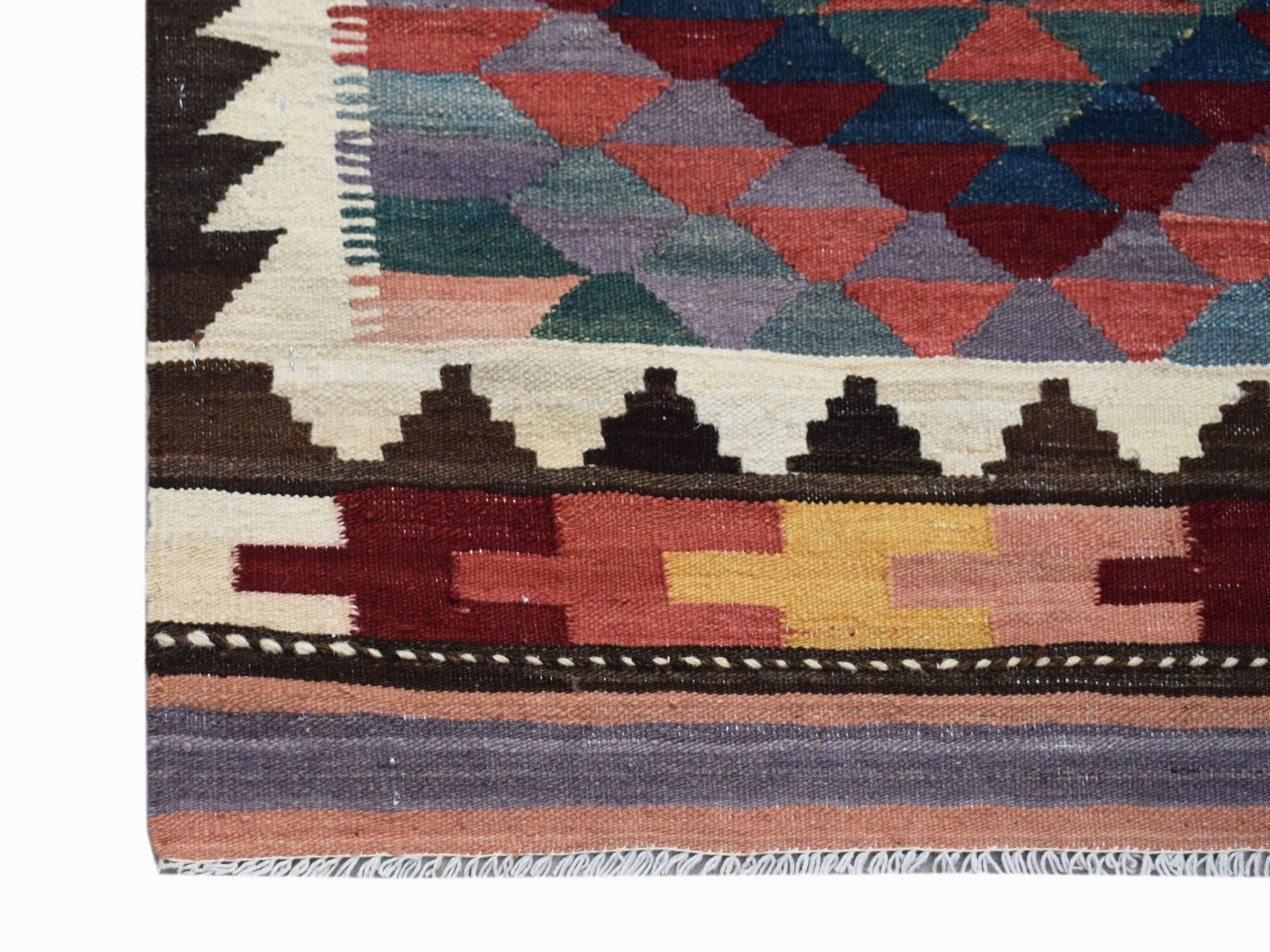 Handwoven Afghan Maimana wool kilim runner featuring a geometric pattern in earthy tones.