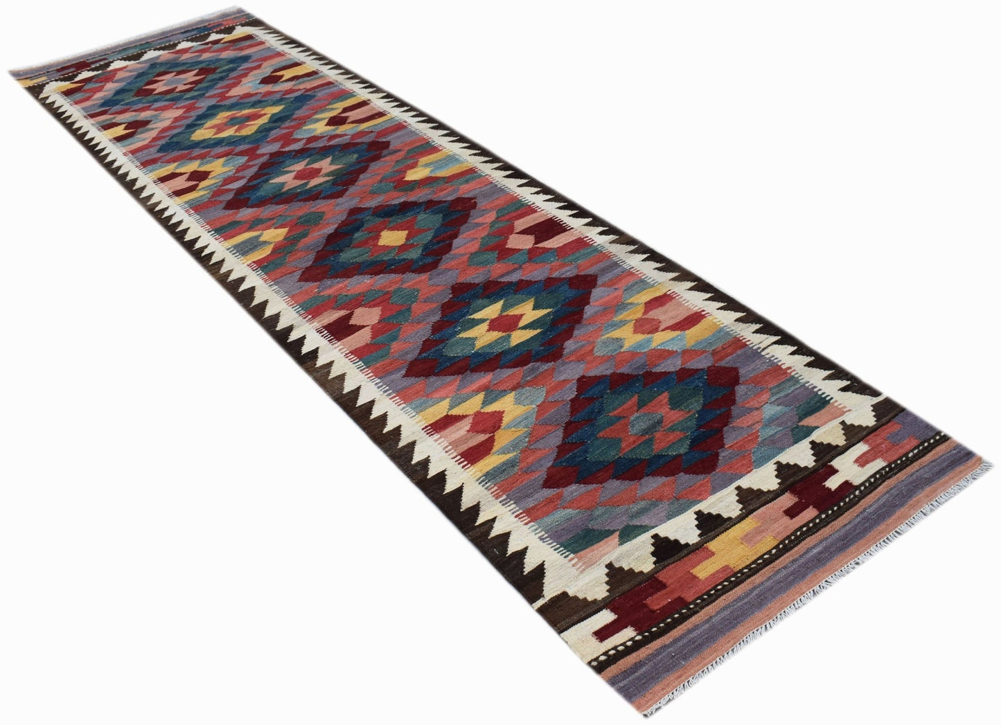 An Afghan Maimana Kilim runner featuring a colorful geometric diamond pattern on a flatweave wool.