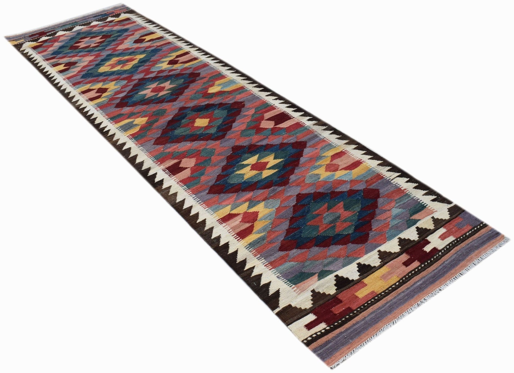An Afghan Maimana Kilim runner featuring a colorful geometric diamond pattern on a flatweave wool.