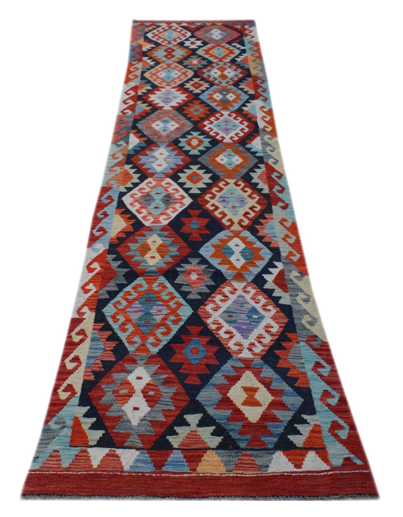 Handwoven Afghan Maimana wool runner featuring a colorful geometric diamond pattern.