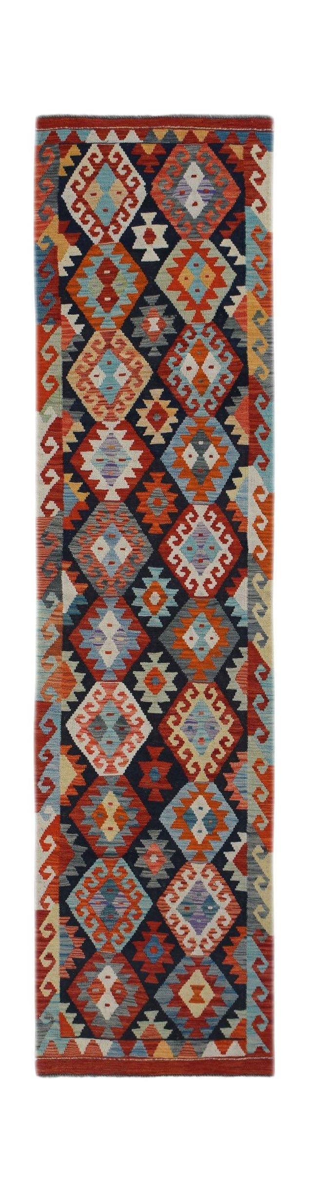 Handwoven Afghan Maimana wool runner featuring a vibrant geometric diamond pattern.