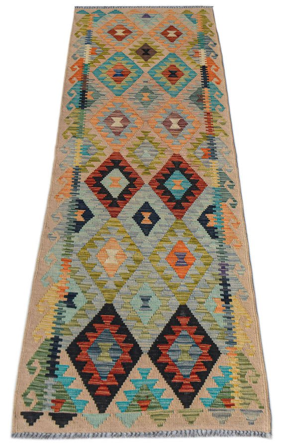 Afghan Maimana Kilim runner with geometric diamond patterns in multiple colors.