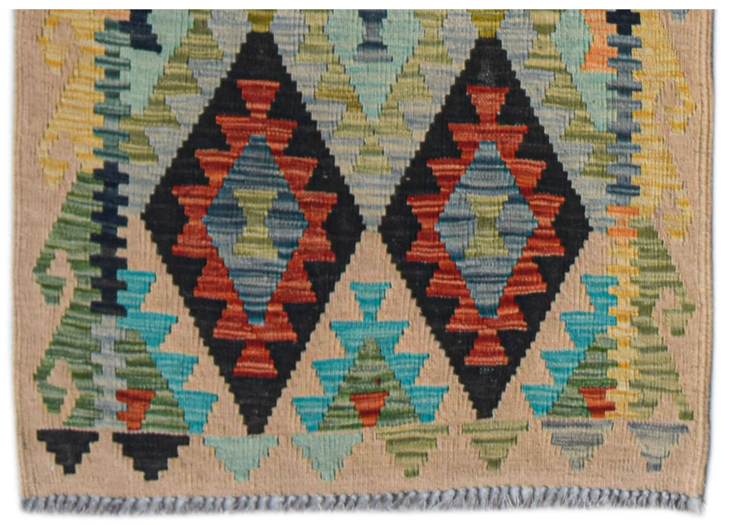 Afghan Maimana Kilim Runner with geometric diamond patterns in red, blue, and black.