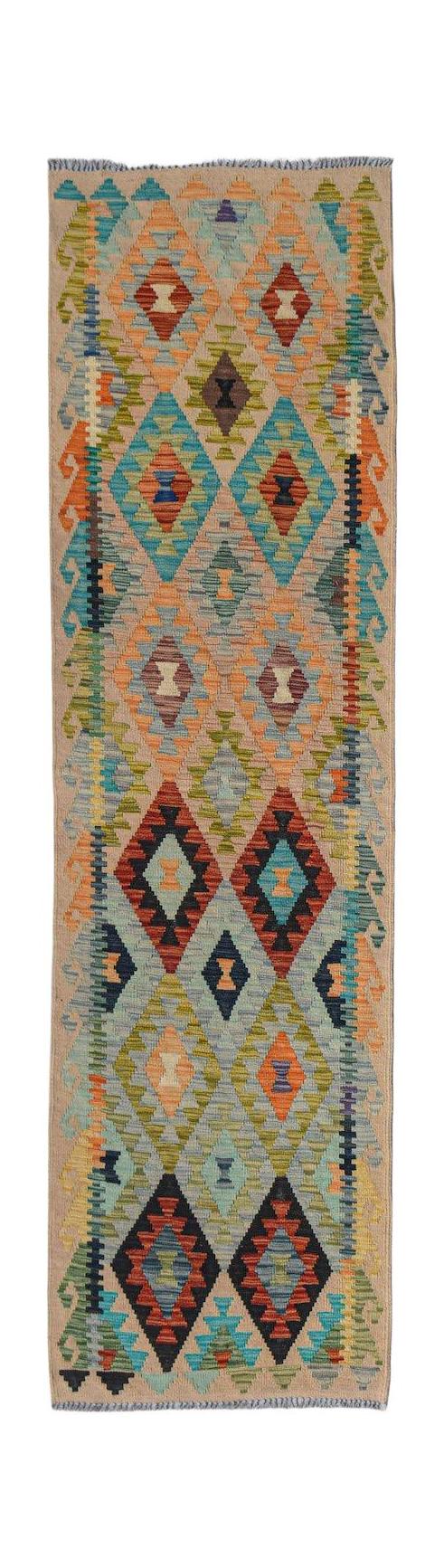 Afghan Maimana Kilim Runner with geometric patterns in wool.