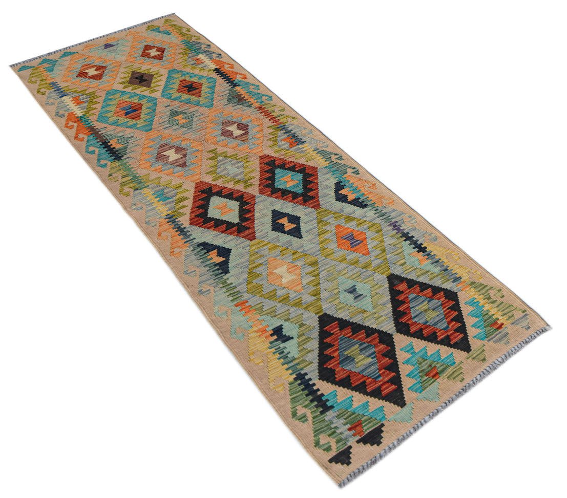 Afghan Maimana Kilim runner with geometric diamond patterns in multiple colors.