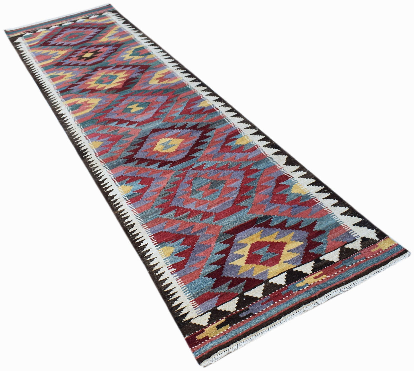 Handwoven Afghan Maimana wool runner rug featuring a colorful geometric diamond pattern.