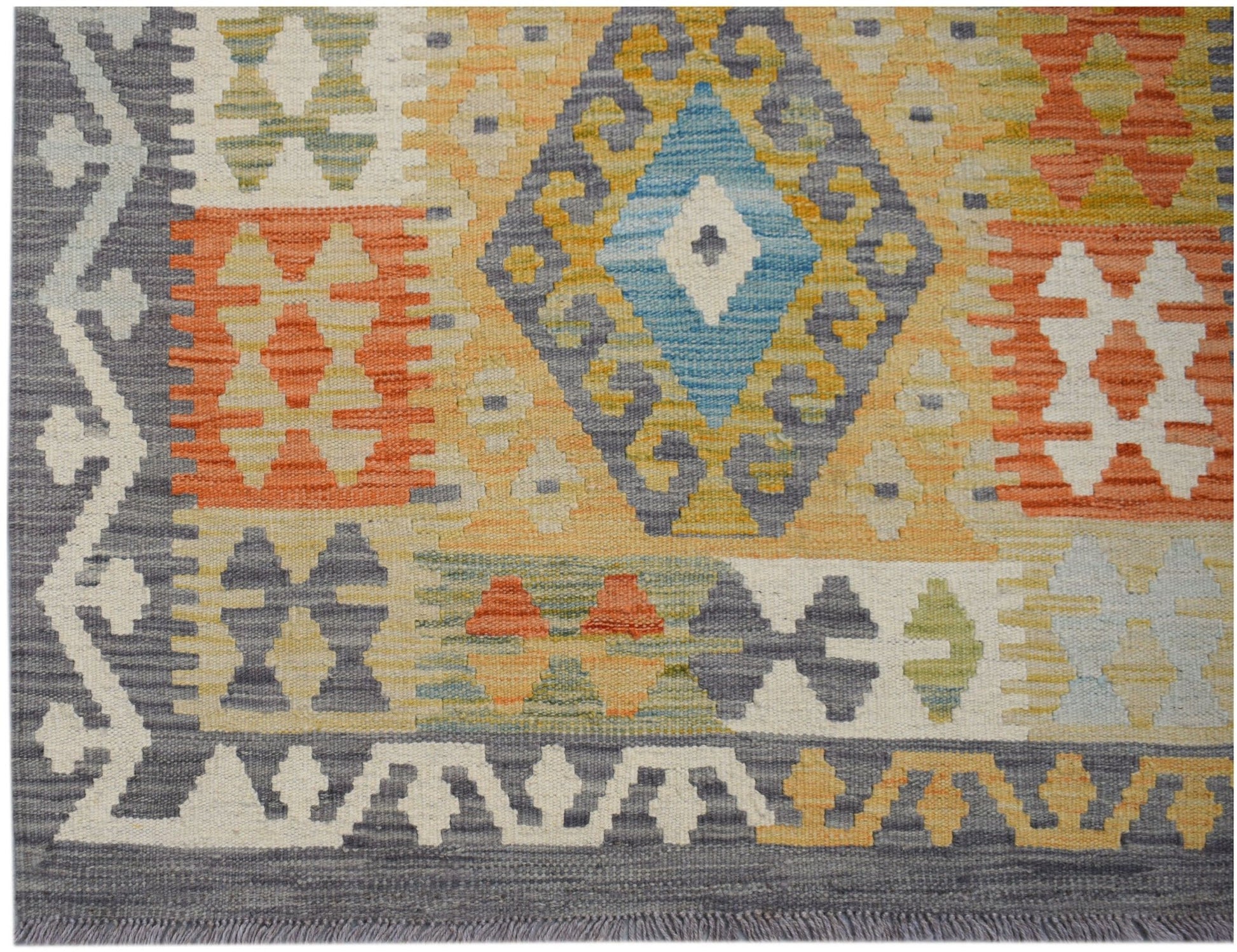 Handwoven Afghan Maimana kilim runner featuring a geometric pattern in orange, blue, and grey.
