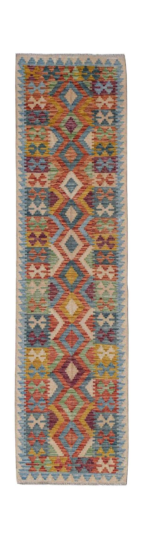 Handwoven Afghan Maimana wool runner rug featuring a colorful geometric diamond pattern.