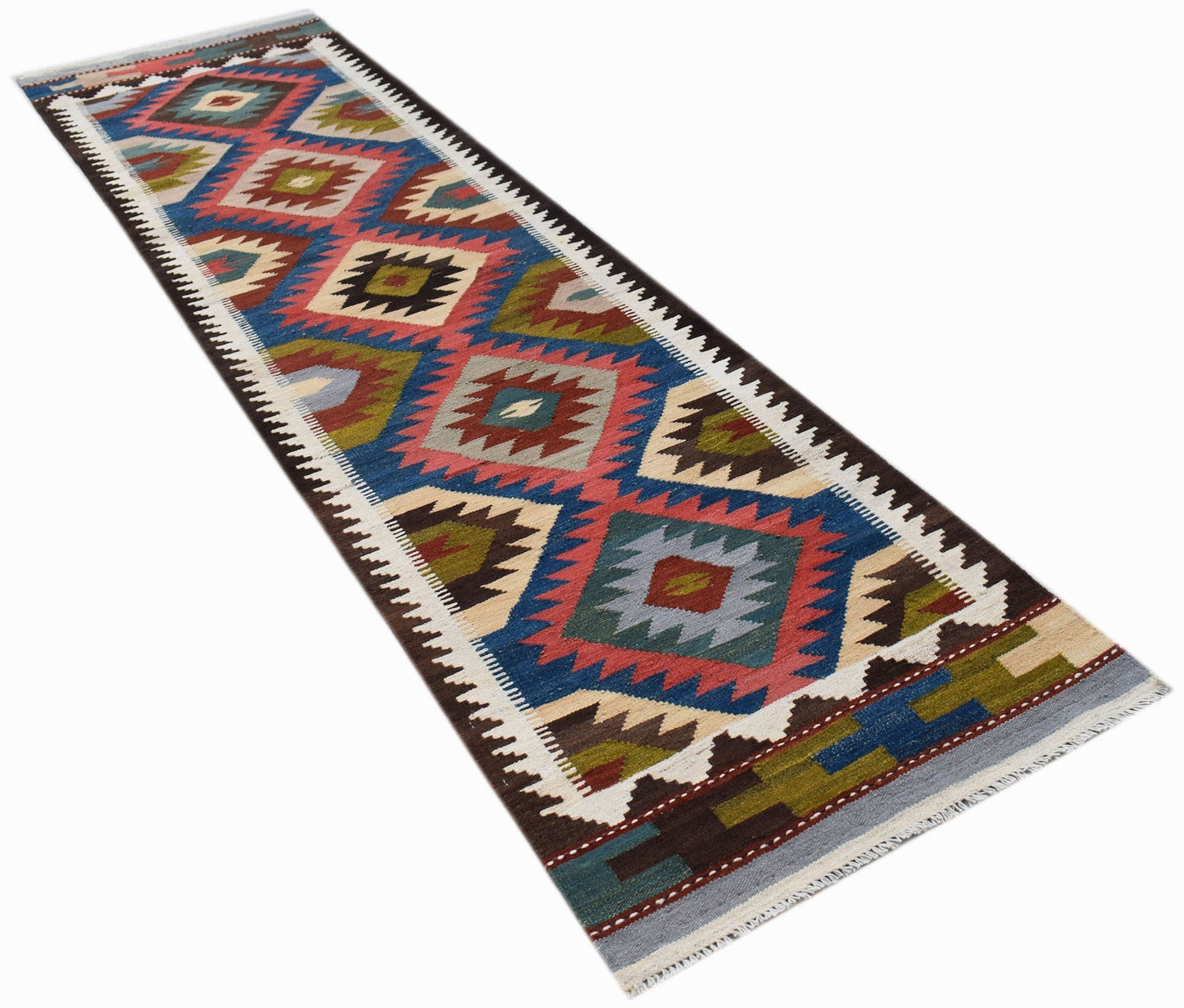 Handwoven Afghan Maimana wool runner featuring a colorful geometric diamond pattern.