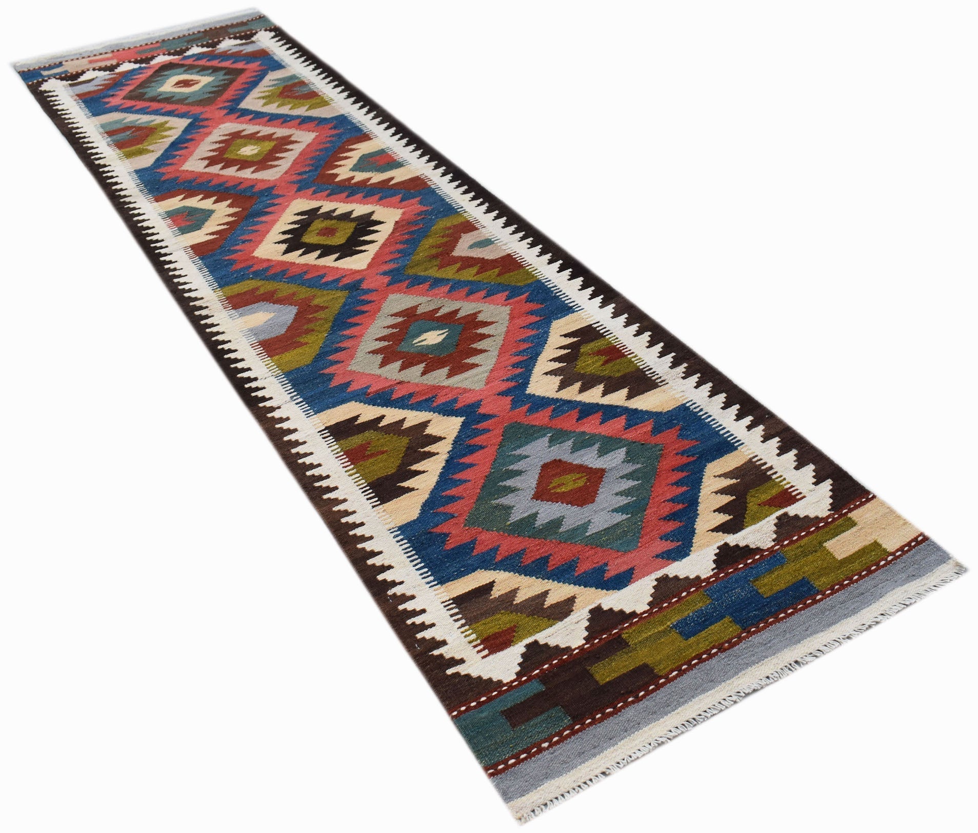 Handwoven Afghan Maimana wool runner featuring a colorful geometric diamond pattern.