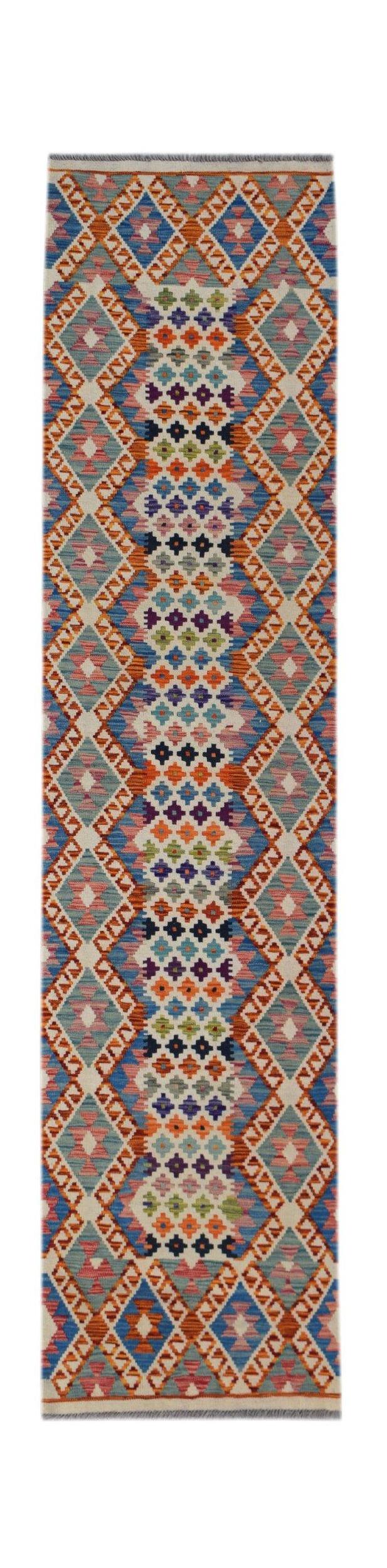 Handwoven Afghan Maimana wool runner featuring a colorful geometric diamond pattern.