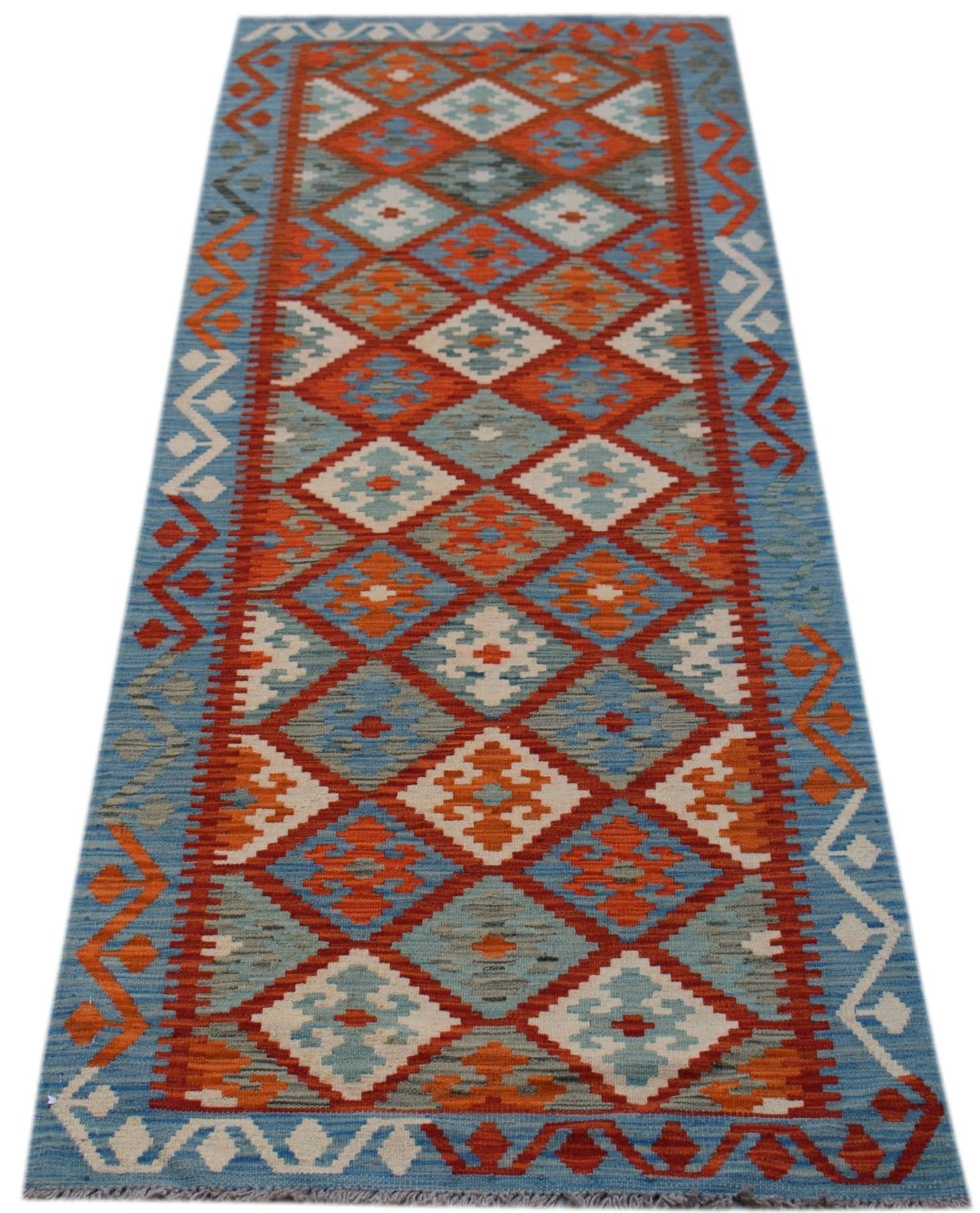 Handwoven Afghan Maimana wool runner rug featuring a geometric diamond pattern in blue and orange.