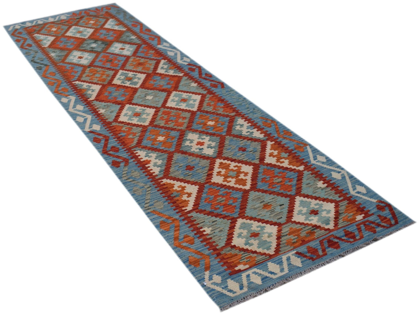 Handwoven Afghan Maimana wool runner featuring a geometric diamond pattern in blue and orange.