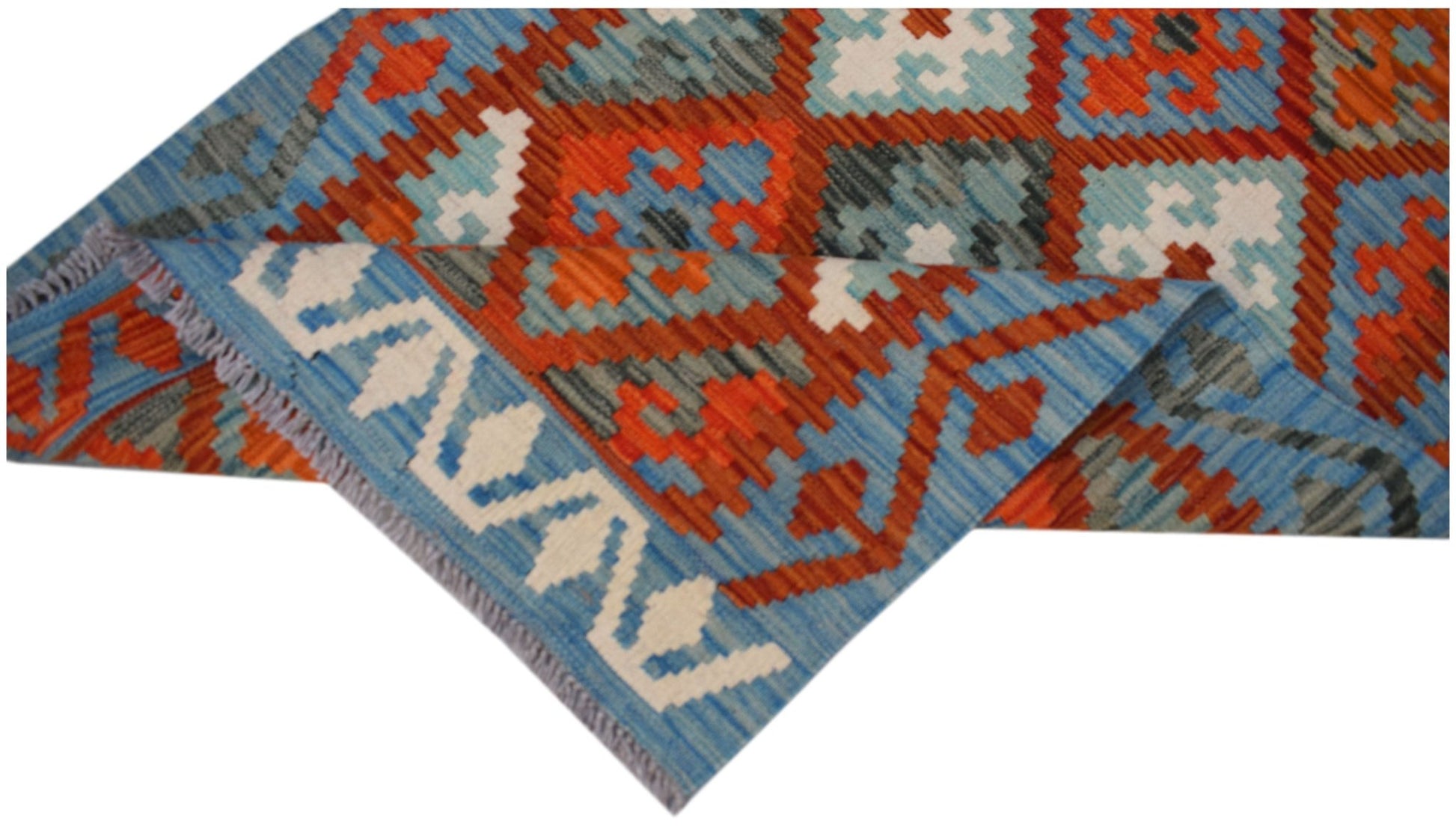 Handwoven Afghan Maimana kilim runner featuring a geometric pattern in blue, orange, and white.