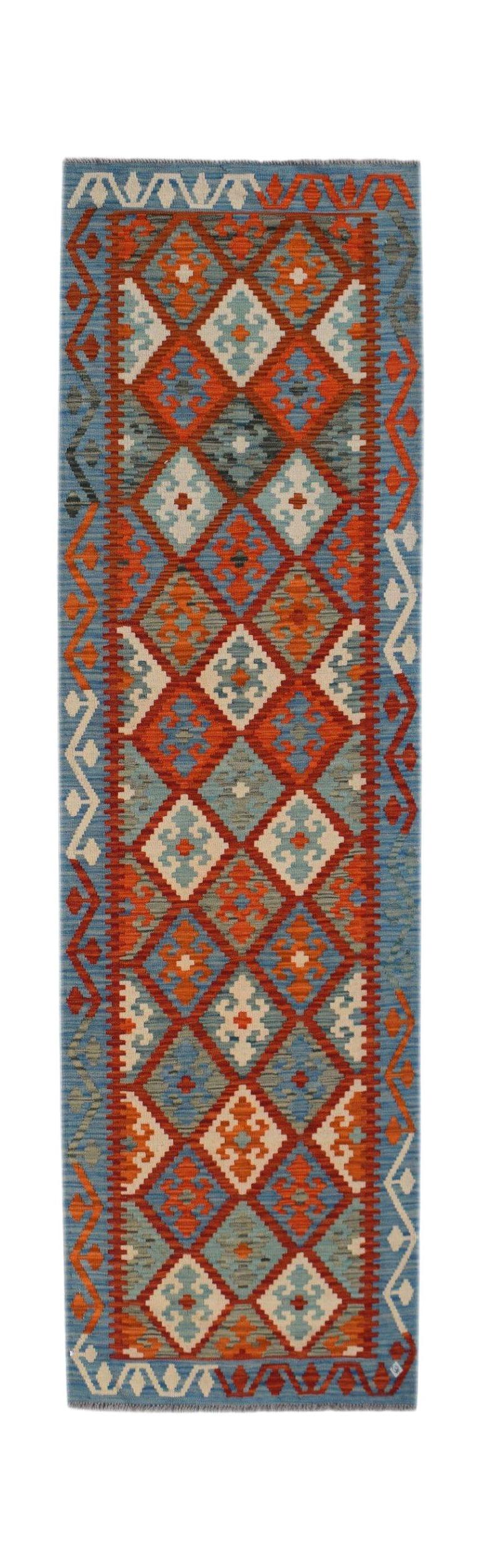Handwoven Afghan Maimana wool runner featuring a geometric diamond pattern in blue and orange.