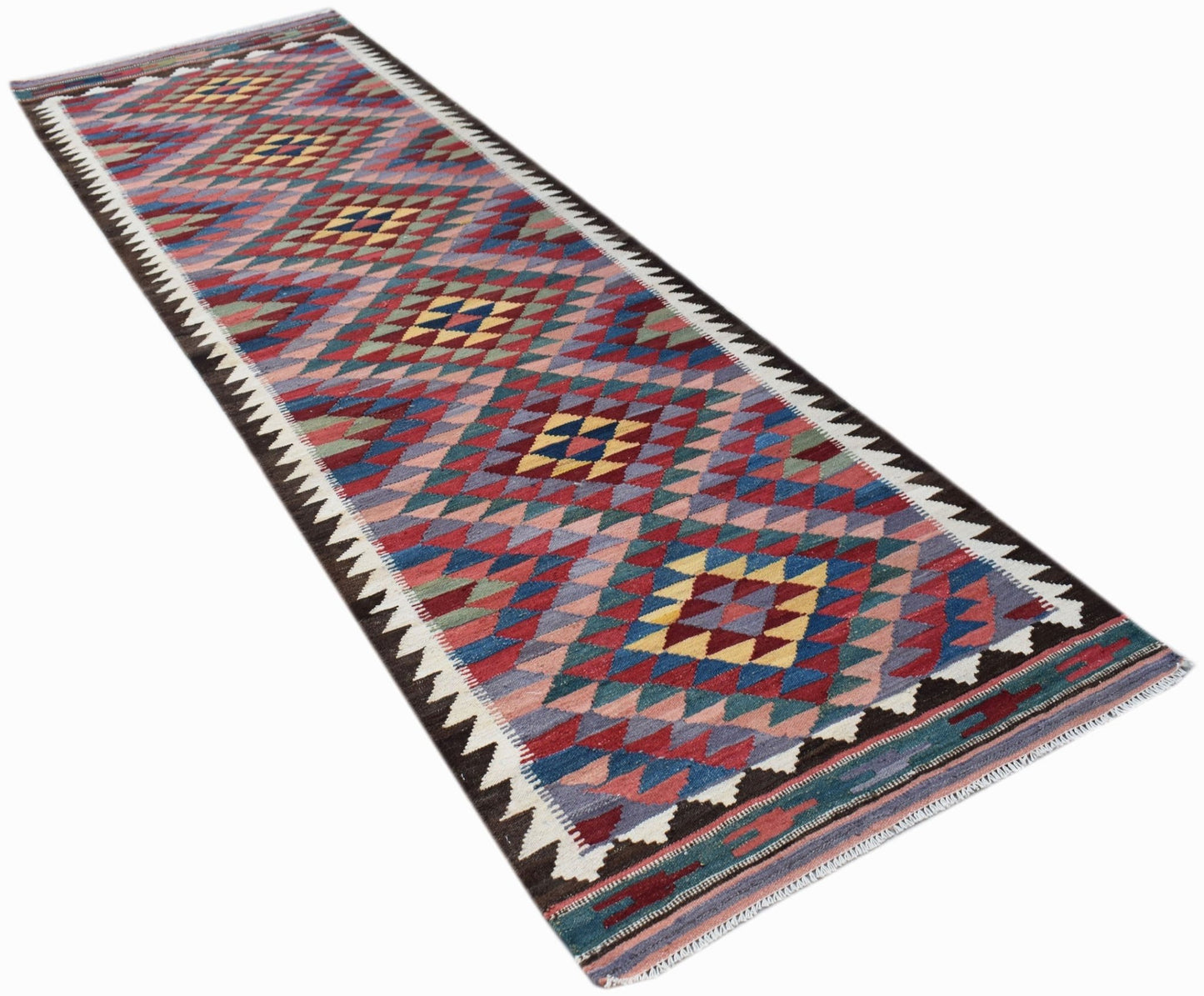 Handwoven Afghan Maimana wool runner featuring a colorful geometric diamond pattern.