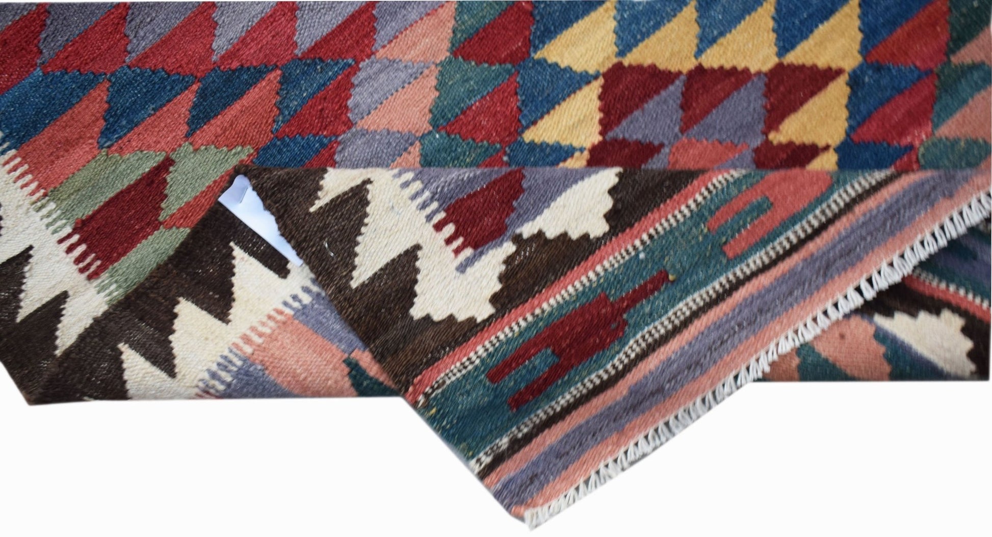 A handwoven Afghan Maimana wool kilim runner featuring geometric patterns in vibrant colors.